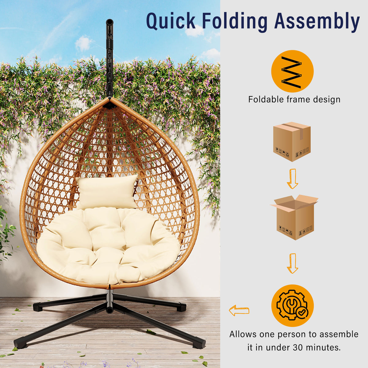 variant-group:rf-n711p255131q|Roomfitters Hanging Egg Chair with Stand, Rattan Wicker Swing Chair with Cushion for Indoor Outdoor Patio Balcony, Beige