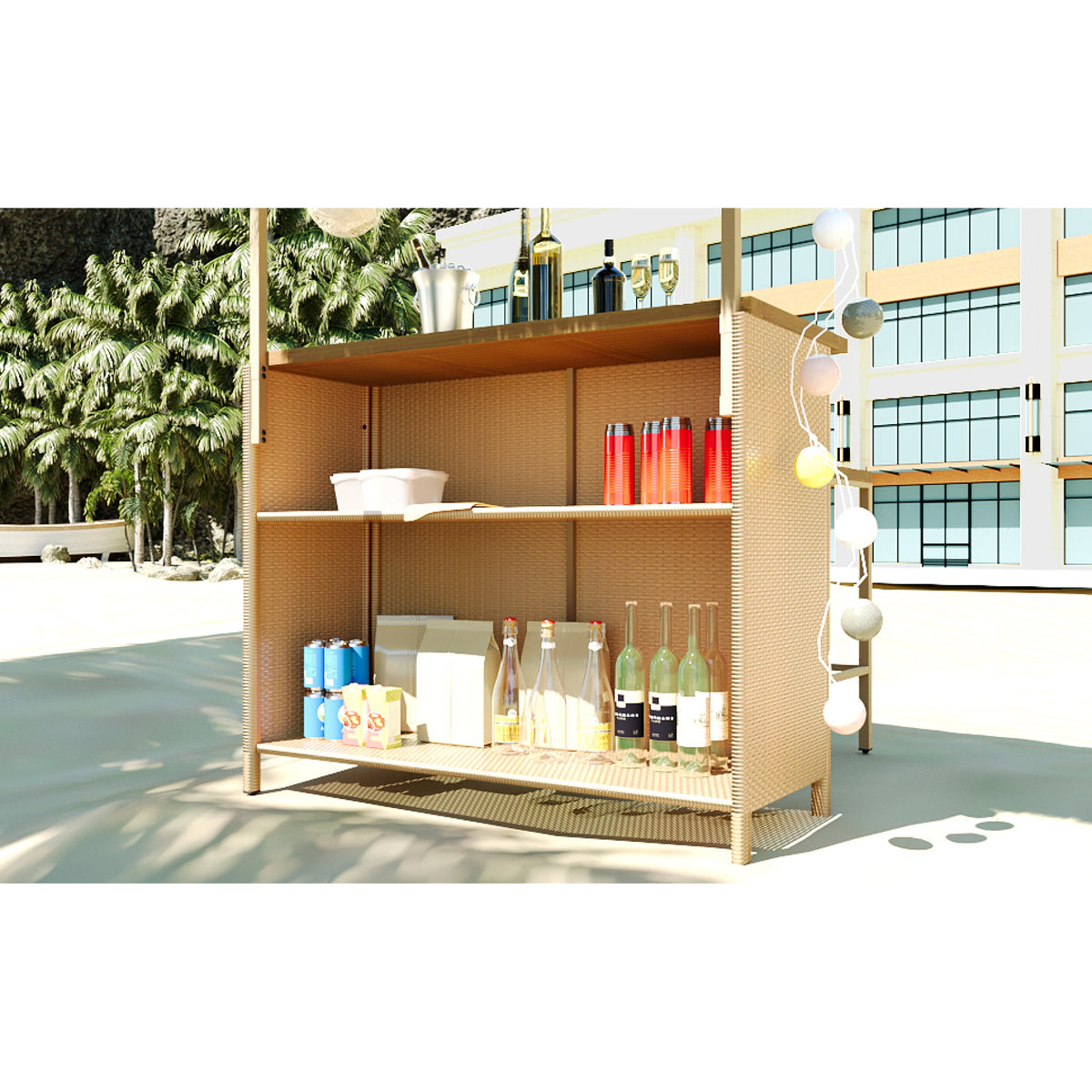 Roomfitters Bar Height Patio Set with PE Grass Canopy, Outdoor Bar Table and Stools, Hawaiian-style Acacia Wood Top, Natural Roomfitters
