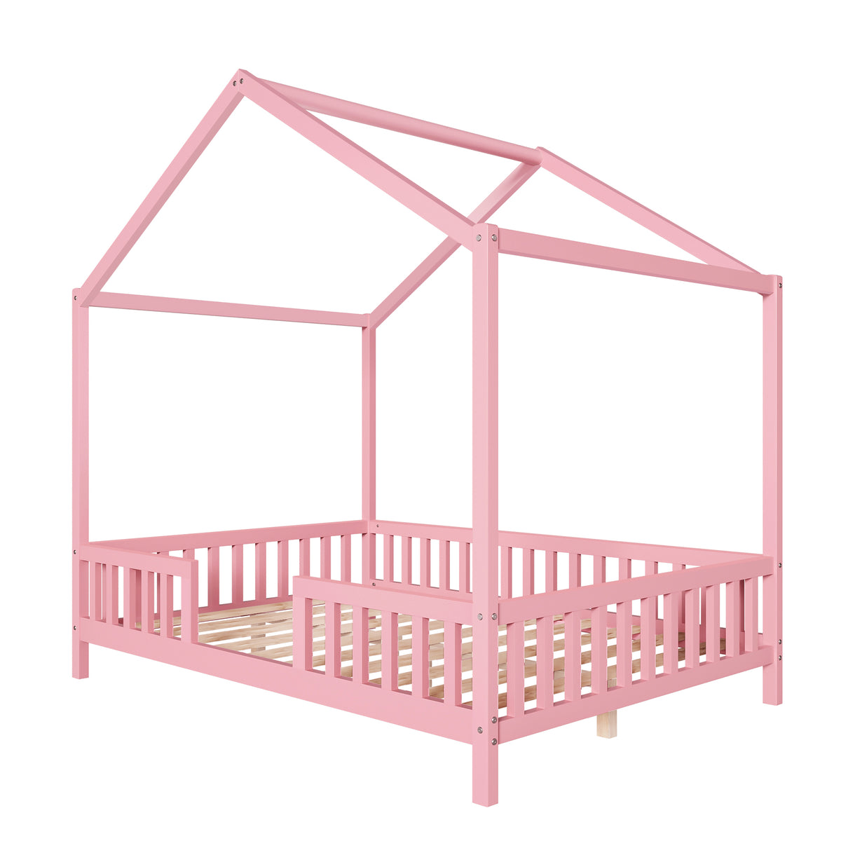 variant-group:rf-n733p356048h|Roomfitters Full Montessori Floor Bed with Canopy, House Shape Wood Frame with Safety Rails, Platform Bed, Pink