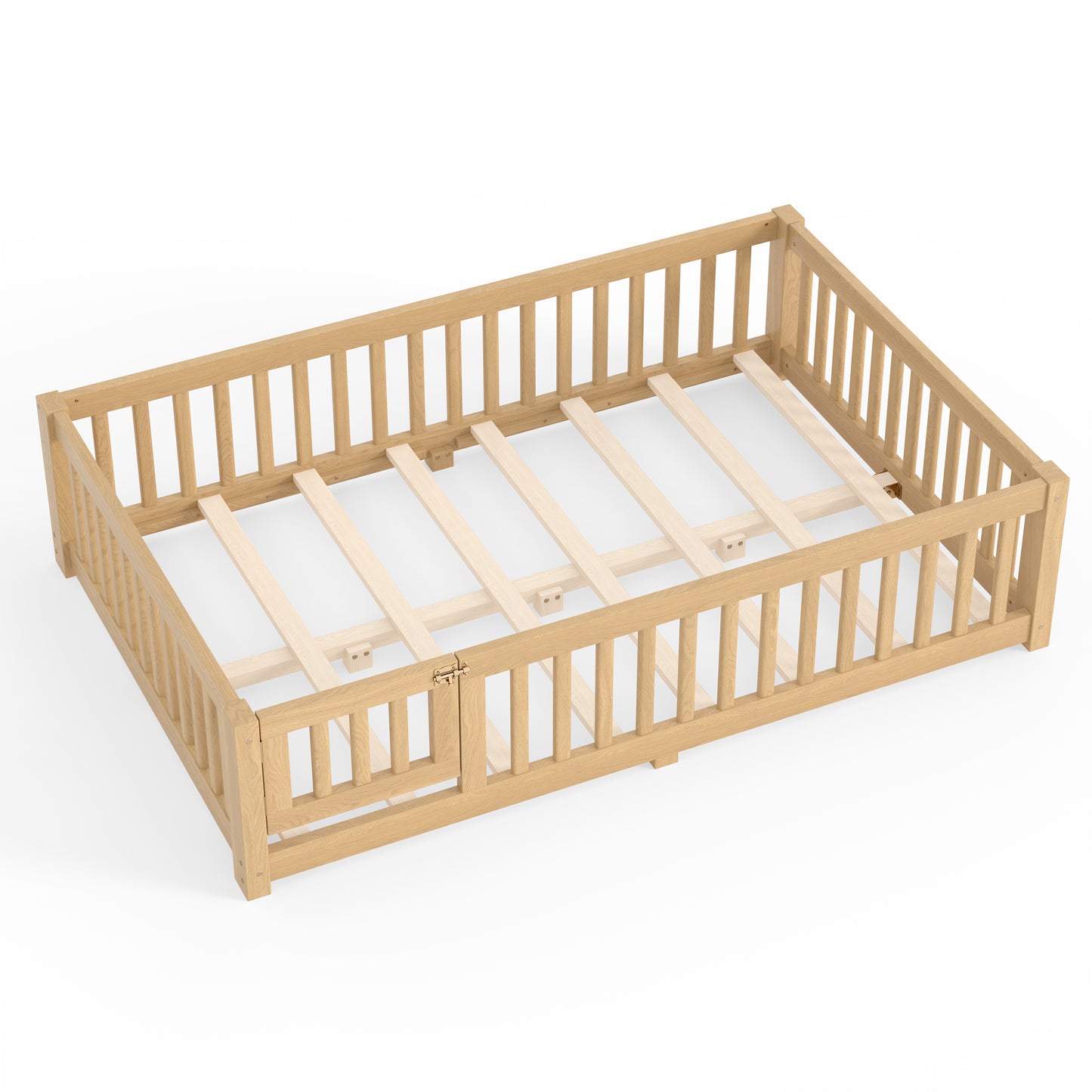 variant-group:rf-w1580p462323|Roomfitters Full Size Wooden Floor Bed Frame with Safety Guardrails Door, Solid Wood Low Profile Toddler Play Bed, Natural