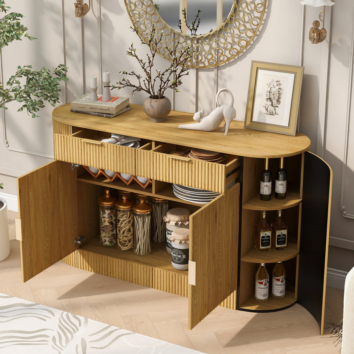 variant-group:rf-n711p345168o|Roomfitters 55.1" Oval Sideboard Buffet Cabinet with 2 Drawers & Wine Rack, Mid-century Modern Fluted Accent for Dining, Natural