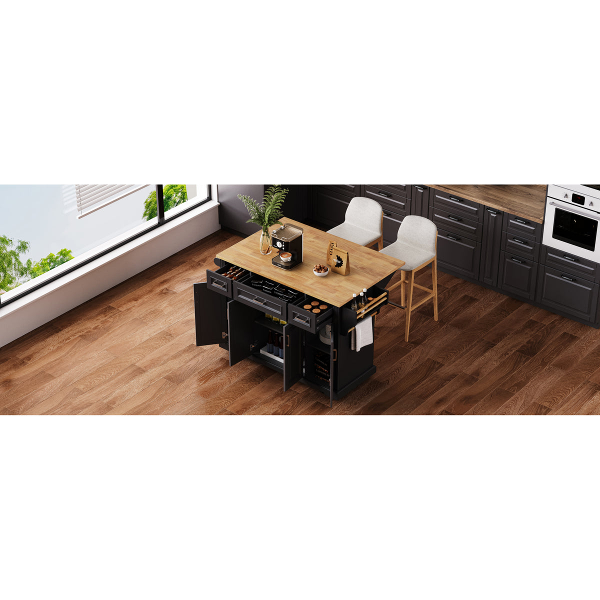 variant-group:rf-n707s195395b|Roomfitters 54" Kitchen Island with Wood Top, Rolling Storage Cabinet with 3 Drawers and 3 Doors, Spice Rack, Black