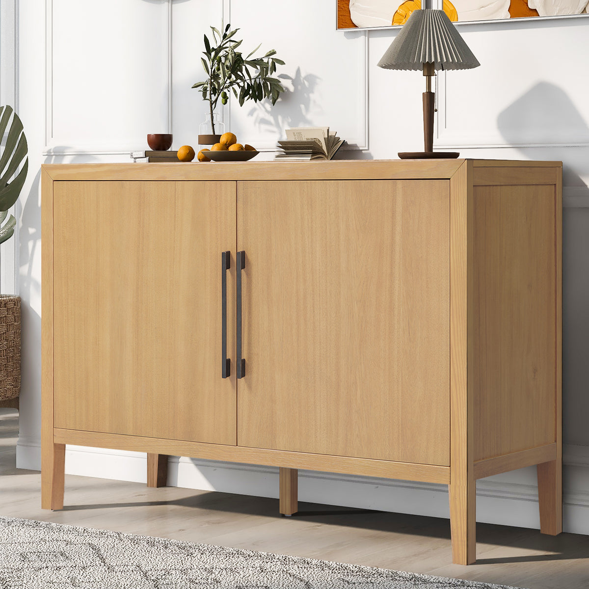 variant-group:rf-n711p410389o|Roomfitters 47.25-Inch Farmhouse Sideboard, 2-Door Buffet Cabinet, Natural Wooden Storage Console, Metal Handles