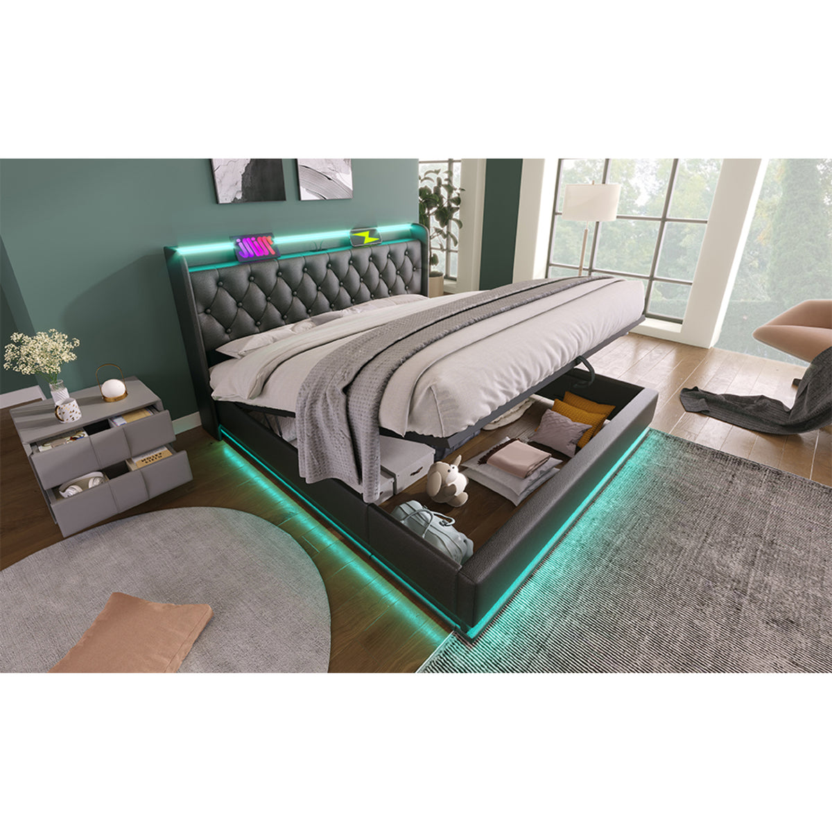 variant-group:rf-n736p188808b|Roomfitters King Size Upholstered Storage Bed with USB Type-C Charging and Remote Control, Faux Leather Black