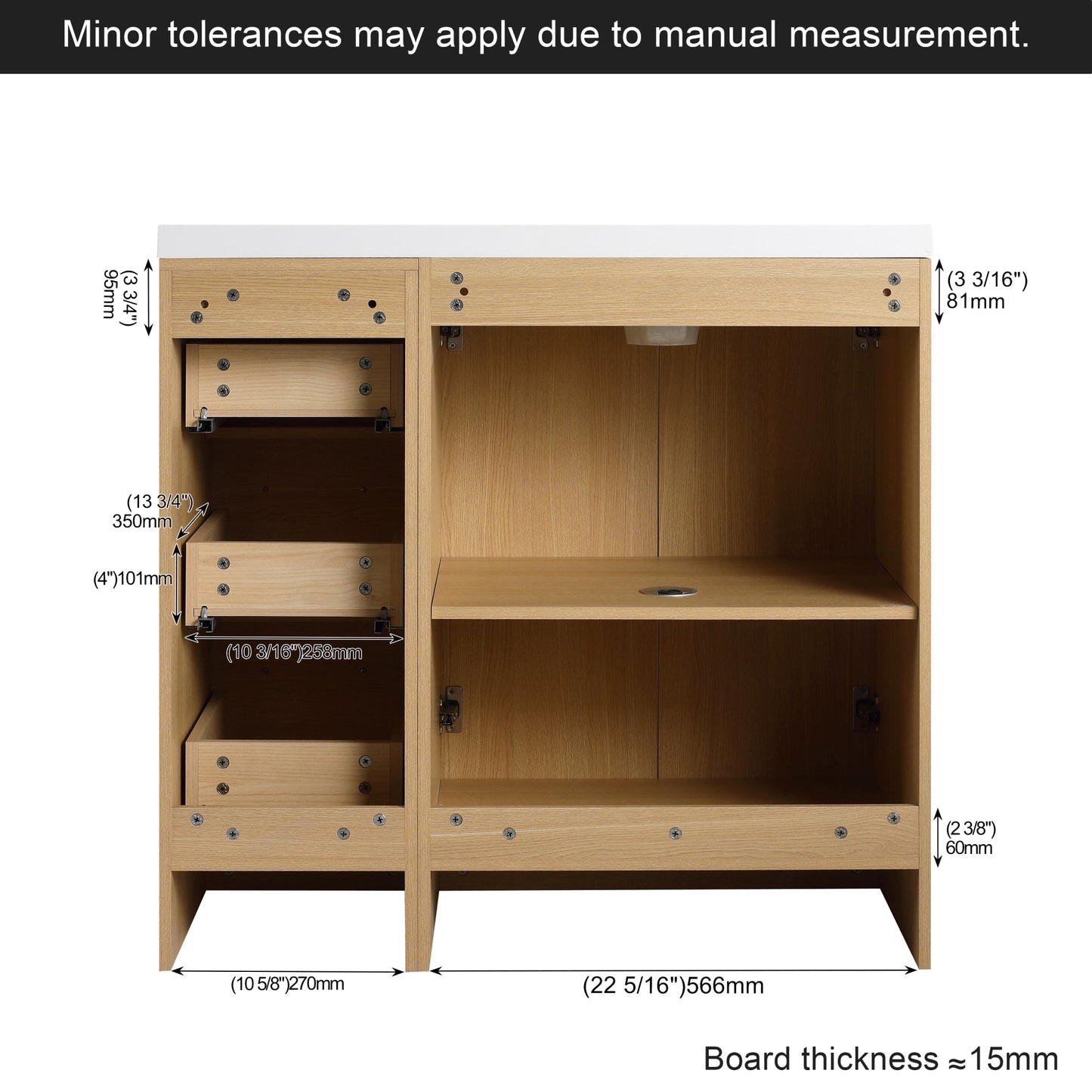 36" Modular Freestanding Bathroom Vanity with 36" Resin Sink Top, Light Oak, 2-Piece Cabinet (24" 2-Door + 12" 3-Drawer), KD Cabinet, Includes Black & Brushed Aluminum Handles Roomfitters