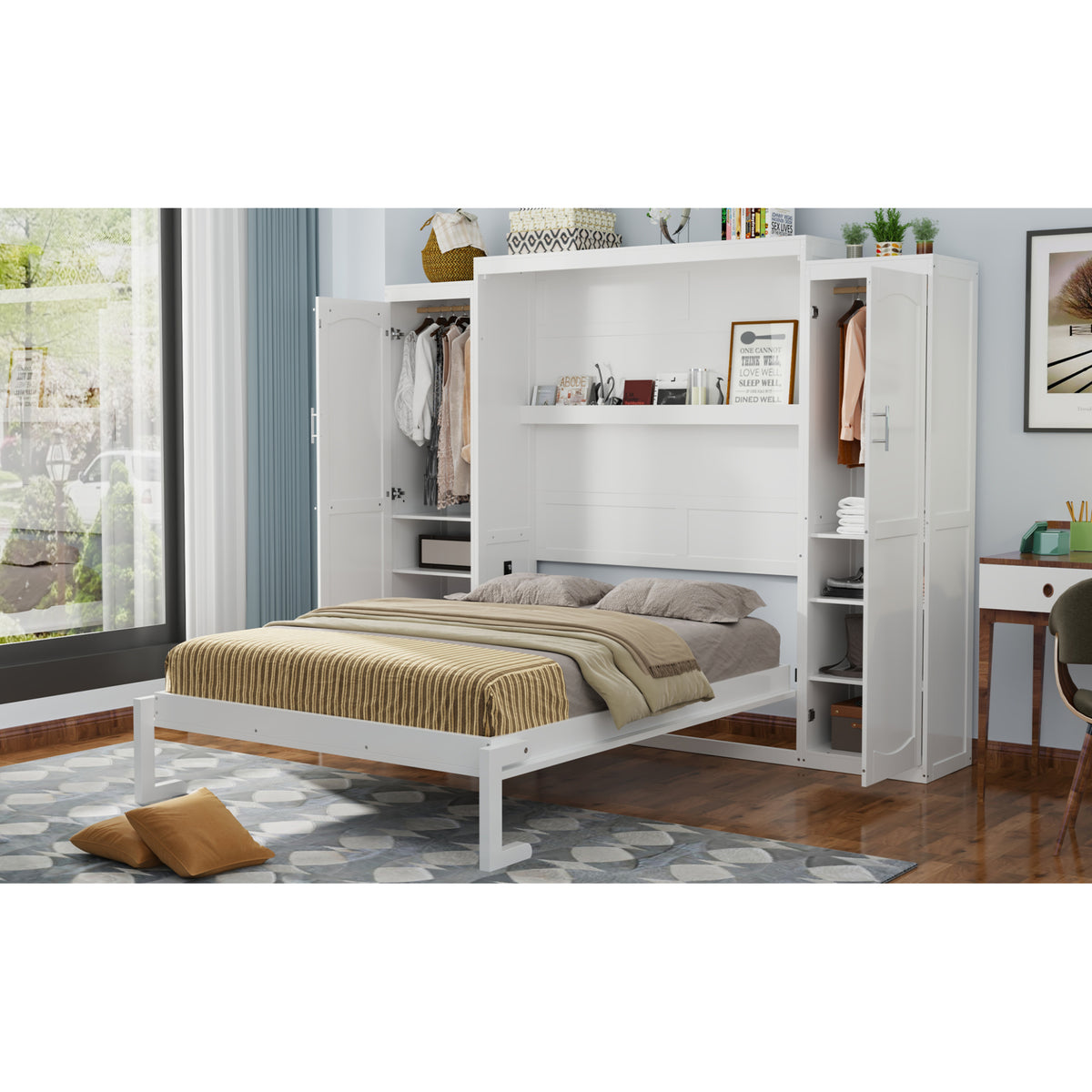 variant-group:rf-n733s339767k|Roomfitters Queen Murphy Bed with Storage Cabinets and Shelf, Foldable Wall Bed Platform for Guest Room and Bedroom, White