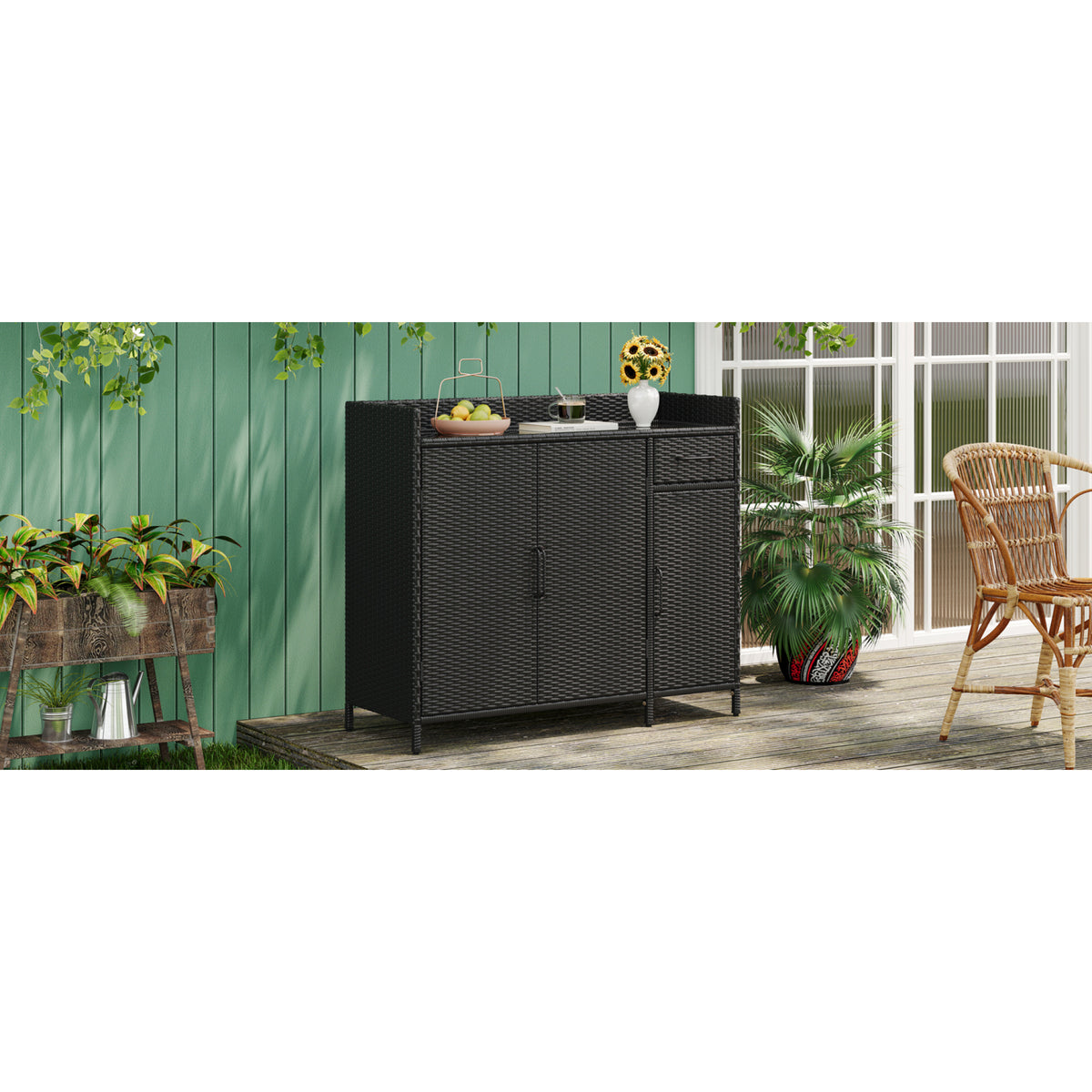 variant-group:rf-n707p233745b|Roomfitters 47.5" Wicker Outdoor Storage Cabinet, Rattan Bar Table with Glass Top, Adjustable Shelf, 3 Doors, Black Brown