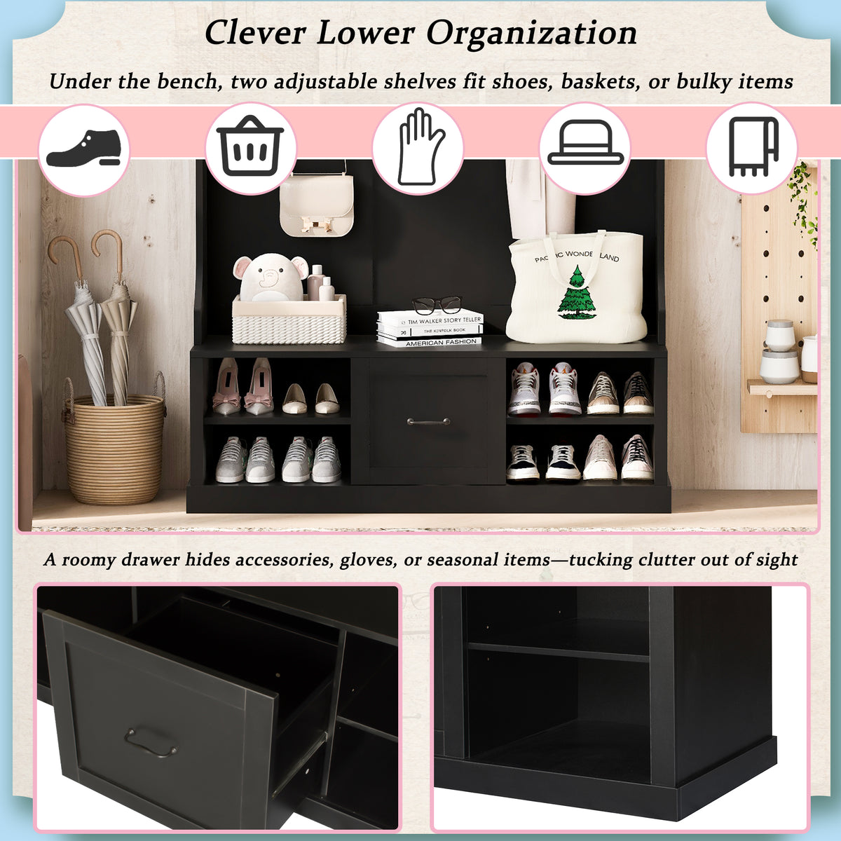 variant-group:rf-n724p264673b|Roomfitters 3-in-1 Hall Tree with 6 Hooks, Coat Rack and Entryway Bench, 57" Organizer with Drawer for Hallway or Living Room, Black