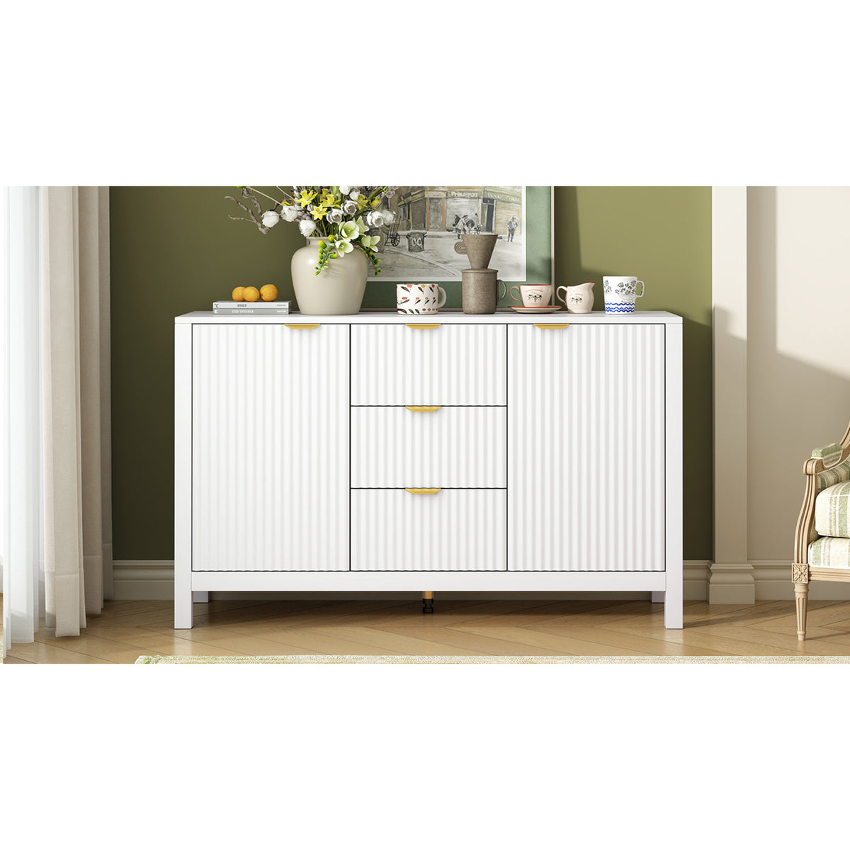 variant-group:rf-n711p269066k|Roomfitters Sideboard Buffet Cabinet with 3 Drawers, Mid-century Modern Fluted Accent Storage for Kitchen & Dining, White