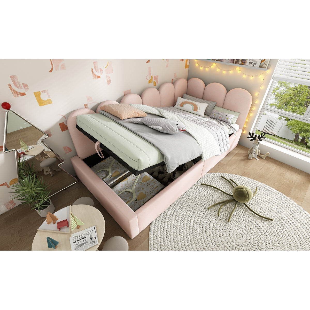variant-group:rf-n736p333613p|Roomfitters Upholstered Twin Size Ottoman Daybed with Storage, Sofa Bed with Metal Slat Frame, Velvet Pink