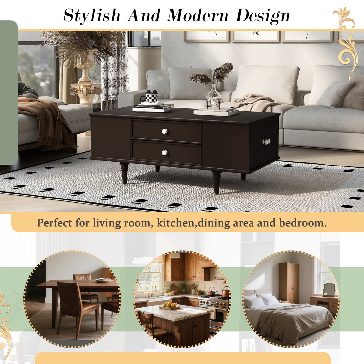 variant-group:rf-n724p286418d|Roomfitters Modern Rectangle Coffee Table with 4 Drawers and Hidden Side Storage, Solid Wood Legs, Brown