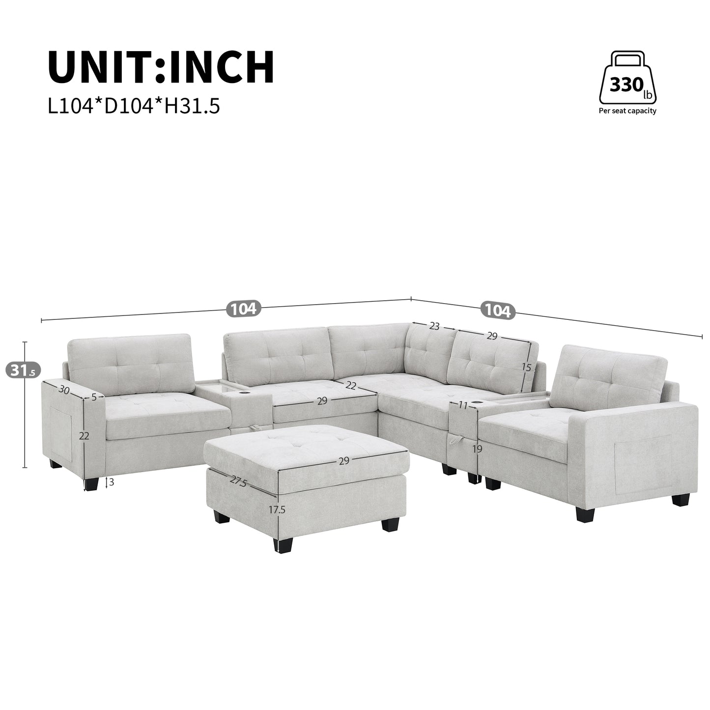 variant-group:rf-n723s1191k|Roomfitters 104 Inch Modular Sectional Sofa with Console and Cup Holders, Upholstered L-Shape Couch for Home Decor, Light Gray
