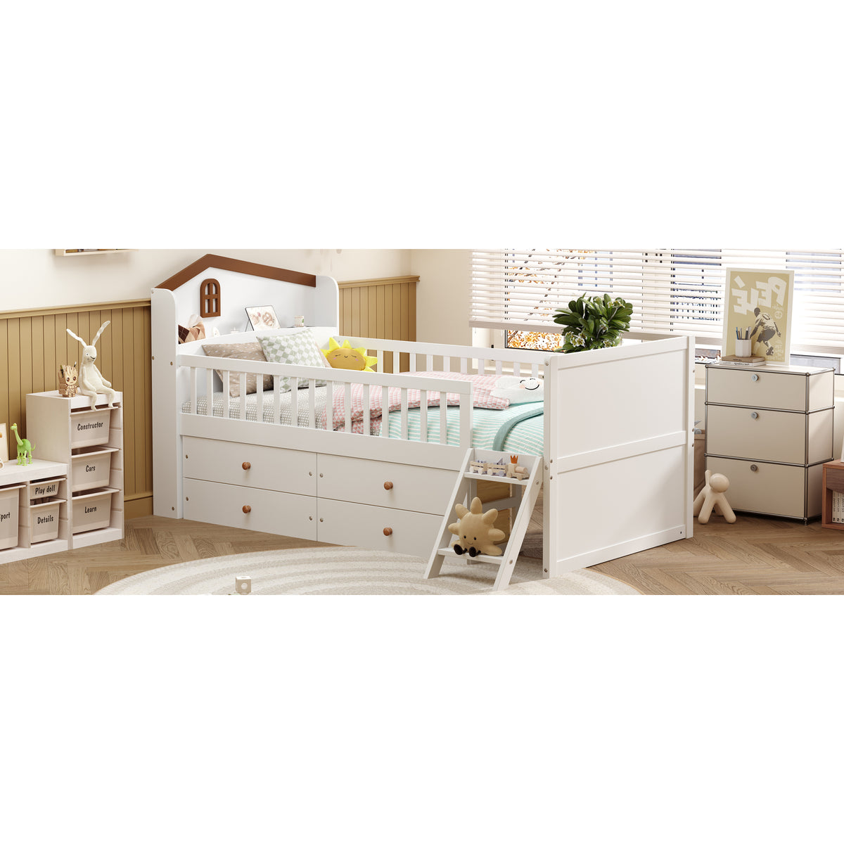 variant-group:rf-n733s278032k|Roomfitters Twin Platform Bed Frame with Four Drawers, Wooden Kids Bed with Guardrail Headboard and Ladder, White
