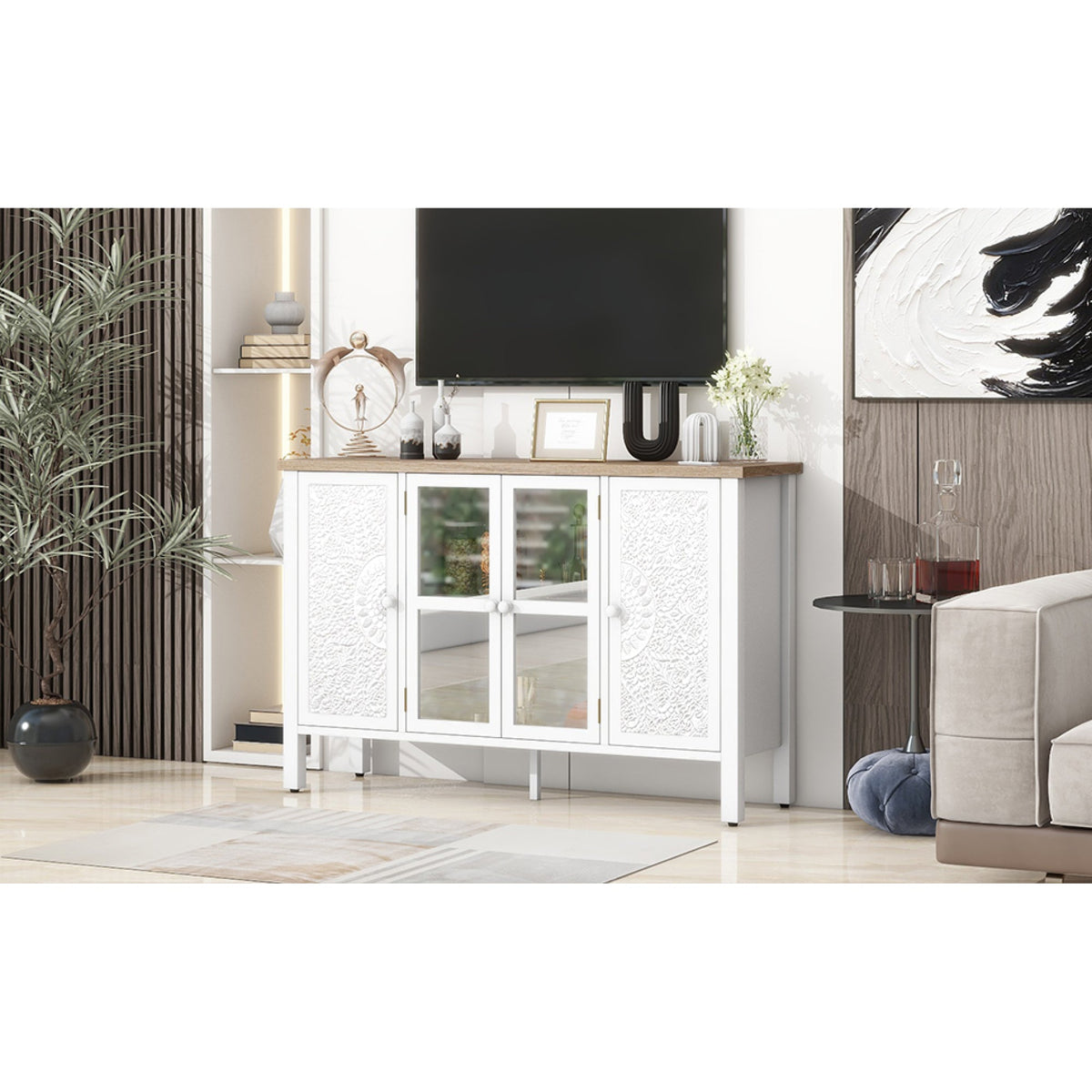 Roomfitters Retro TV Stand for up to 43 Inch TV, Media Console with Glass Cabinet Doors and Anti-Tip Safety Feature, White Roomfitters