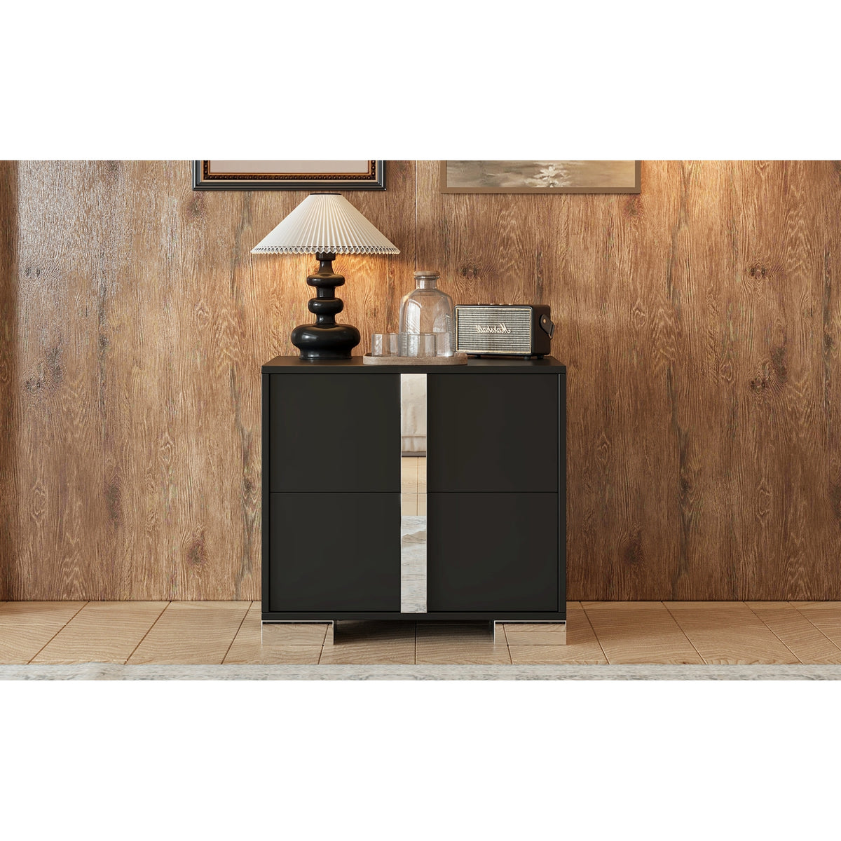 variant-group:rf-n733p307938b|Roomfitters Elegant Mirrored Nightstand with 2 Drawers and Metal Handle, Bedside Table for Bedroom or Living Room, Black
