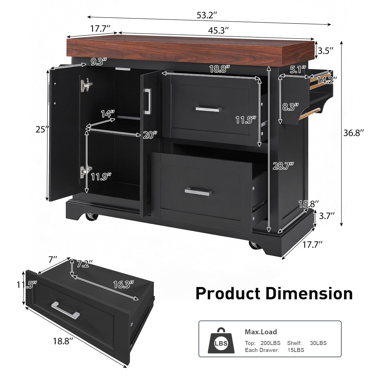 variant-group:rf-n707s000025b|Roomfitters 53" Kitchen Island with Butcher Block Top, Storage Cabinet with Drawers, Spice Rack and Towel Holder, Black