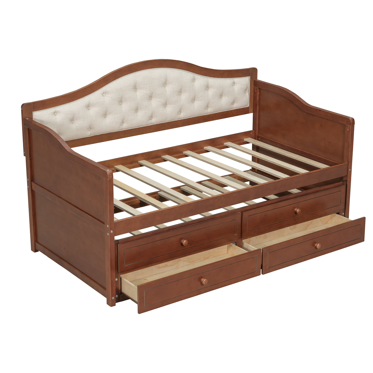 variant-group:rf-n733s346767d|Roomfitters Twin Daybed with Trundle, Wooden Sofa Bed with 2 Storage Drawers & Tufted Backrest, Walnut