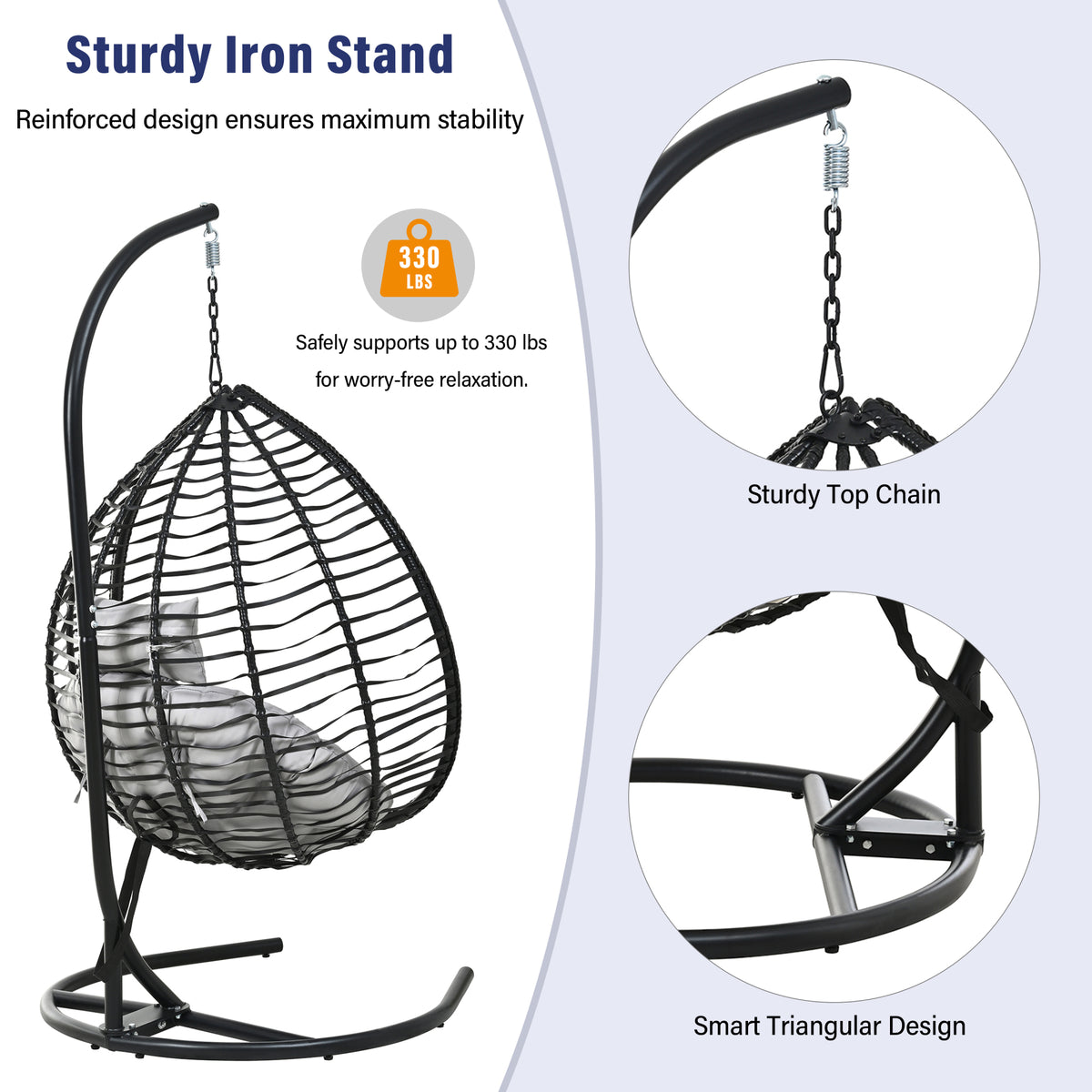 variant-group:rf-n711p389502e|Roomfitters Indoor Outdoor Hanging Egg Hammock Chair with Stand, Wicker Rattan Swing for Patio and Bedroom, Black+ Gray