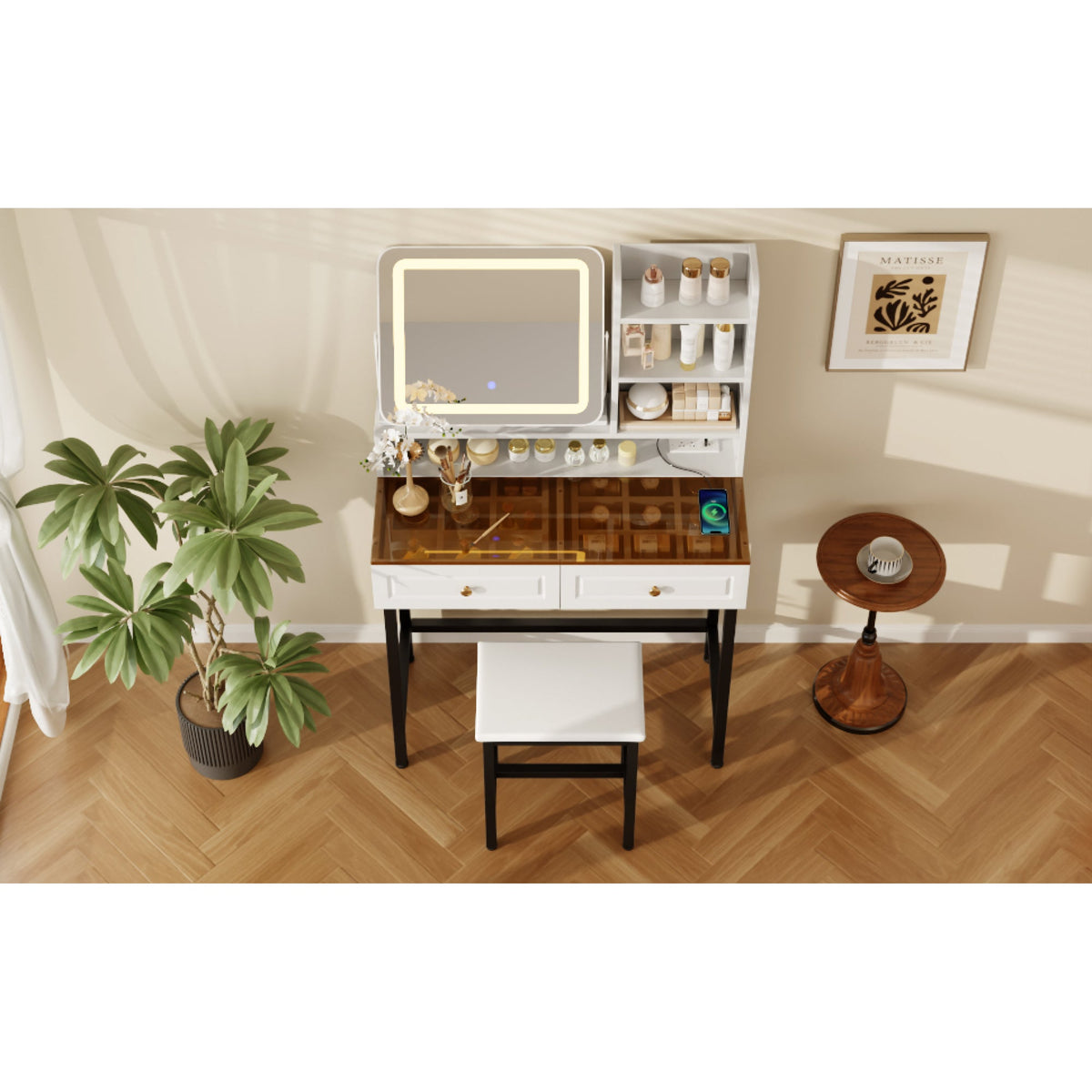 Roomfitters Makeup Vanity with LED Lighted Mirror, Glass Top, Charging Station and Storage Hutch, Vanity Table Set, Black+White Roomfitters