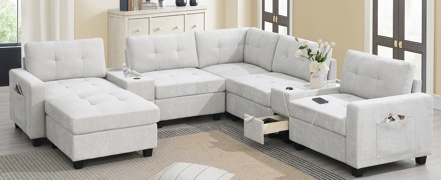 variant-group:rf-n723s1191k|Roomfitters 104 Inch Modular Sectional Sofa with Console and Cup Holders, Upholstered L-Shape Couch for Home Decor, Light Gray