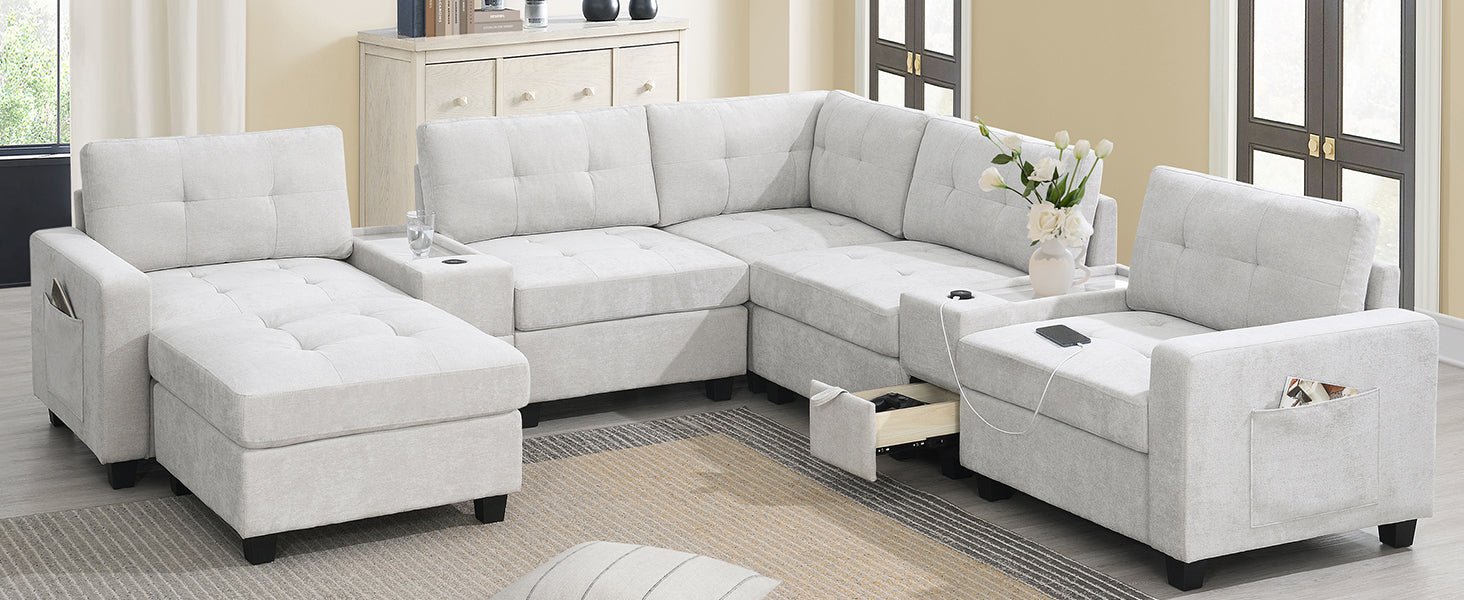 variant-group:rf-n723s1191k|Roomfitters 104 Inch Modular Sectional Sofa with Console and Cup Holders, Upholstered L-Shape Couch for Home Decor, Light Gray