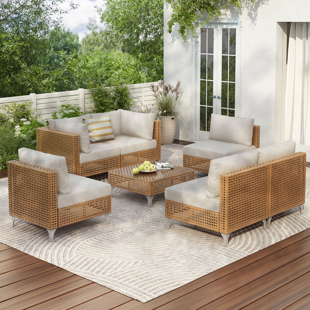 variant-group:rf-n707s000011z|Roomfitters 7-Piece Wicker Patio Furniture Set, Outdoor Sectional Sofa with Water-Resistant Cushions, Table, Natural