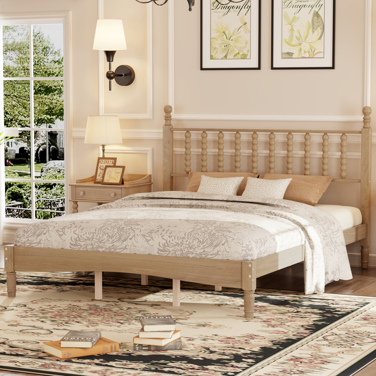 variant-group:rf-n733p206242m|Roomfitters Queen Size Wood Platform Bed with Gourd Shaped Headboard, Retro Style Platform Bed with Wooden Slat Support, Natural