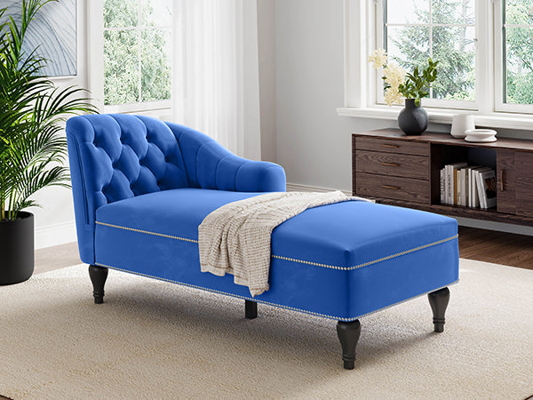 Roomfitters 58 Inch Fainting Couch, Velvet Upholstered Chaise Lounge Sofa with Button-Detailed Back & Nailhead Trim, Blue