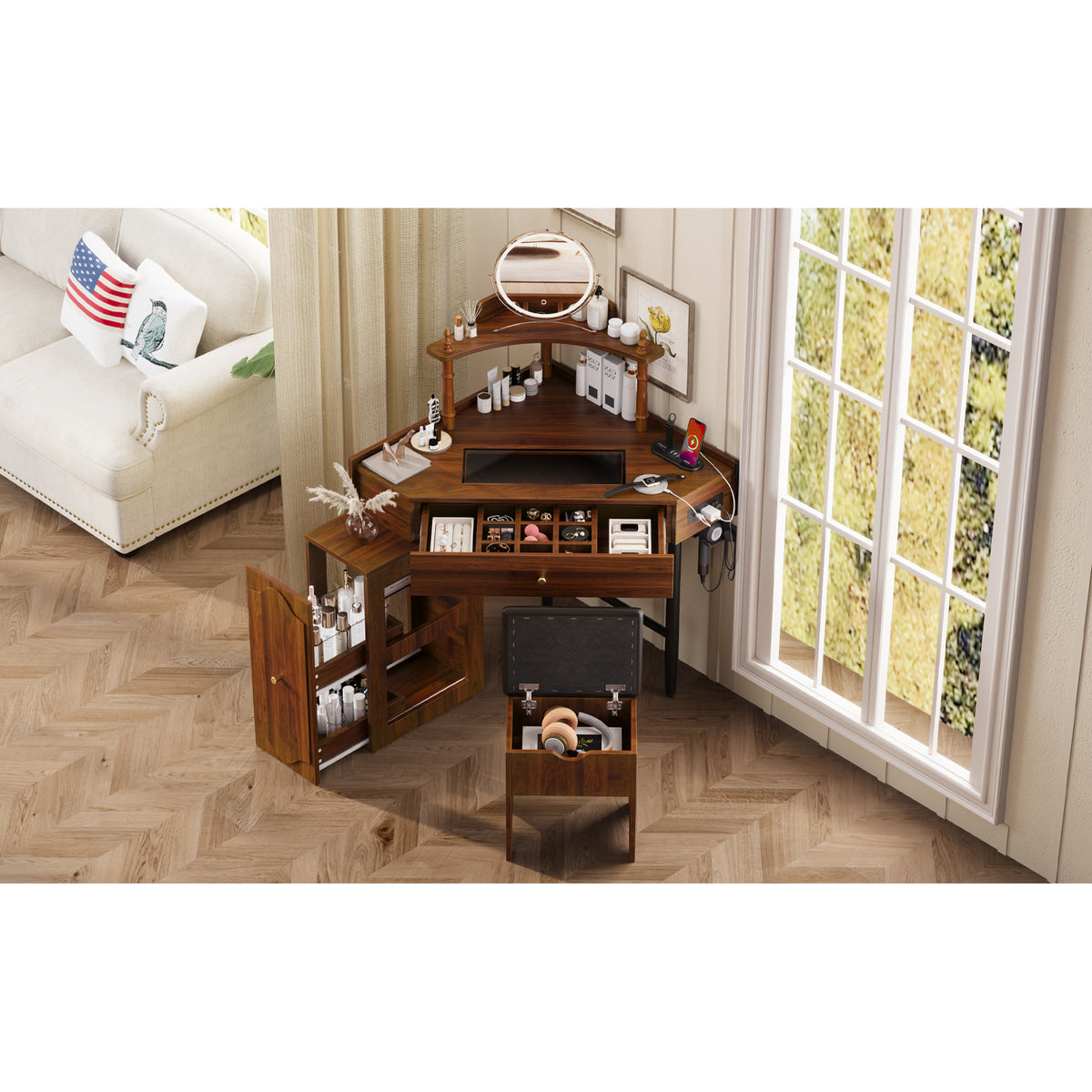 variant-group:rf-n733p336237d|Roomfitters Corner Vanity Desk Set with Stool, Charging Station, Glass Top, Drawer, Shelf, Pull-Out Cabinet, Walnut