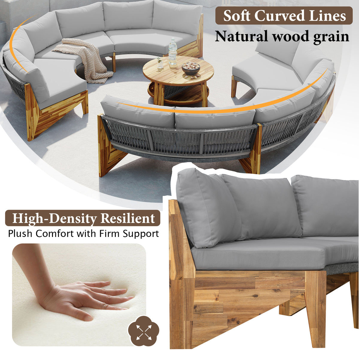 variant-group:rf-n711wy000468aae|Roomfitters 3-Piece Outdoor Sofa Set for 6, Half-Moon Patio Conversation Set, Grey Cushions, Rope Woven Steel Sectional