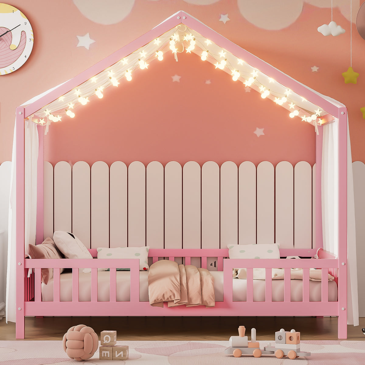 variant-group:rf-n733p356043h|Roomfitters Twin Montessori Floor Bed with Canopy, House Shape Wood Frame with Safety Rails, Youth Platform Bed, Pink