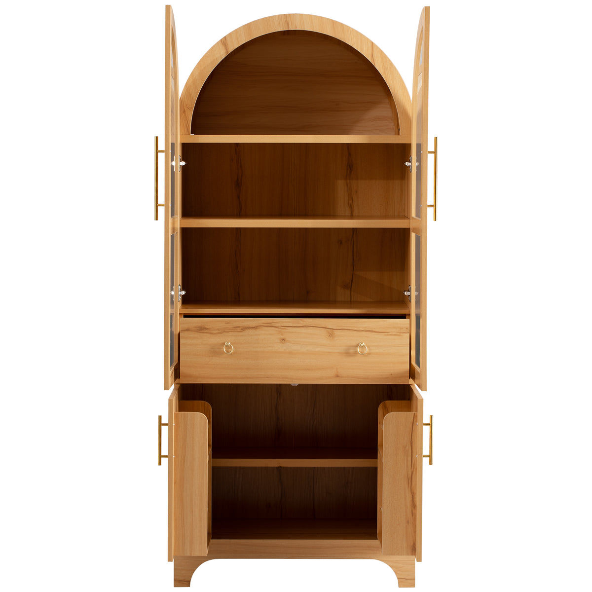 variant-group:rf-n707s288969y|Roomfitters 71" Pantry Cabinet with Arched Top & Glass Doors, 4-Door Storage Hutch with Adjustable Shelves for Kitchen, Natural