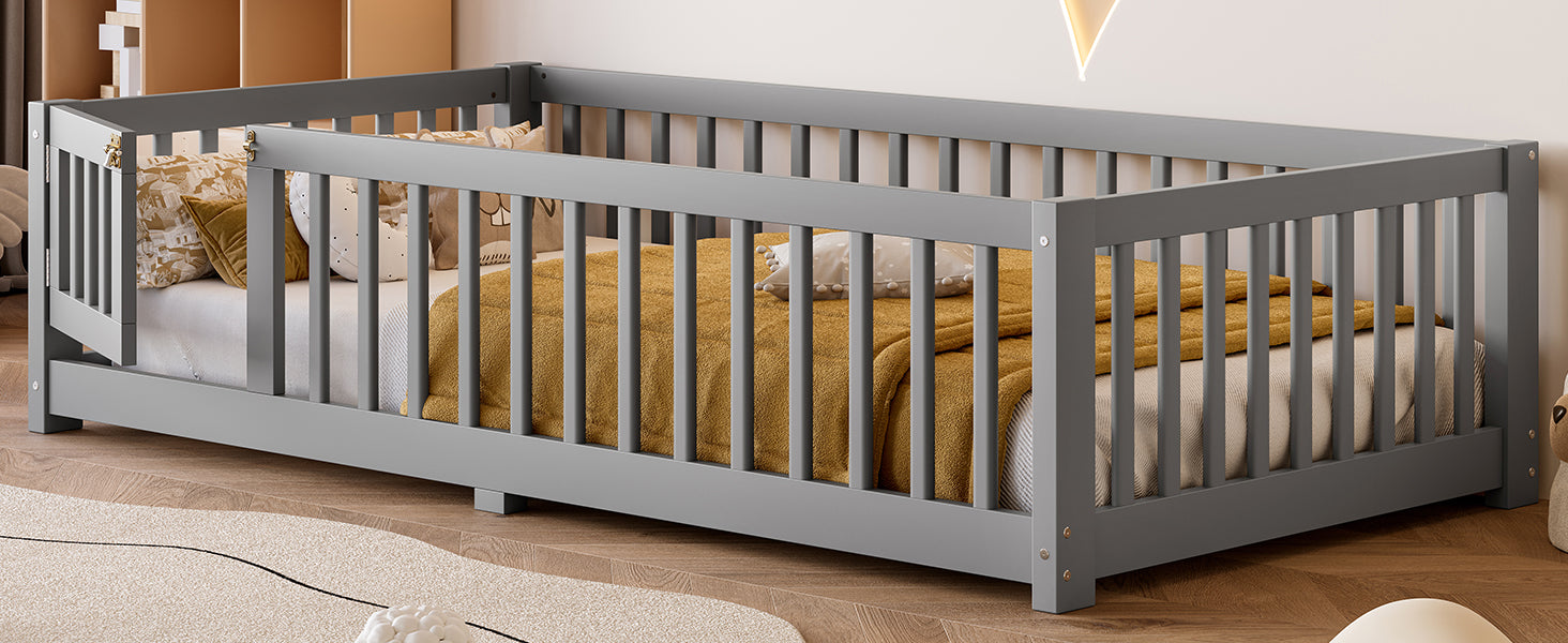 variant-group:rf-w1580p338948|Roomfitters Wooden Twin Floor Bed Frame with Door & Safety Guardrails, Low Platform Design for Bedroom or Playroom, Gray