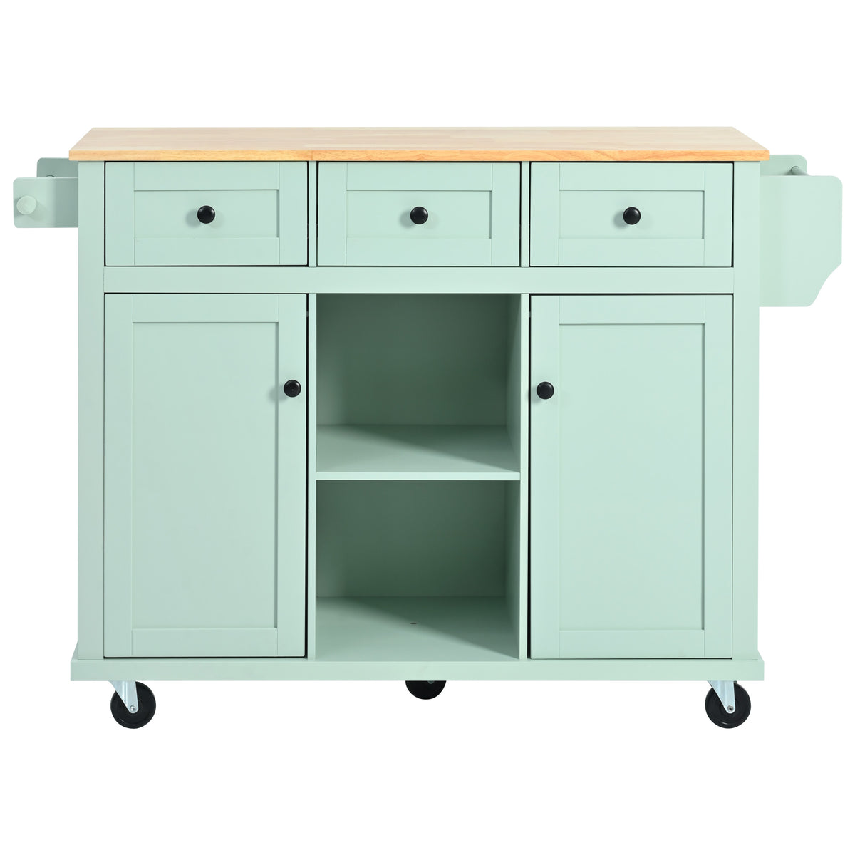 variant-group:rf-n707wf298028aae|Roomfitters Kitchen Cart with Rubber Wood Drop-Leaf Countertop, Cabinet Door Storage Racks, 5-Wheel Kitchen Island with Storage Cabinet & 3 Drawers, Mint Green