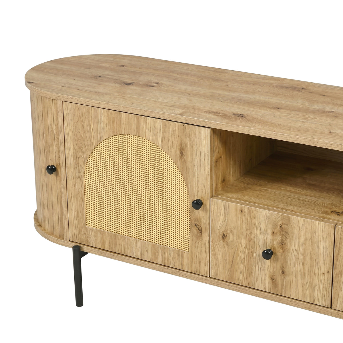 variant-group:rf-n724p437189d|Roomfitters American Style TV Stand with Rattan Arched Doors, Steel Legs, Burly Wood