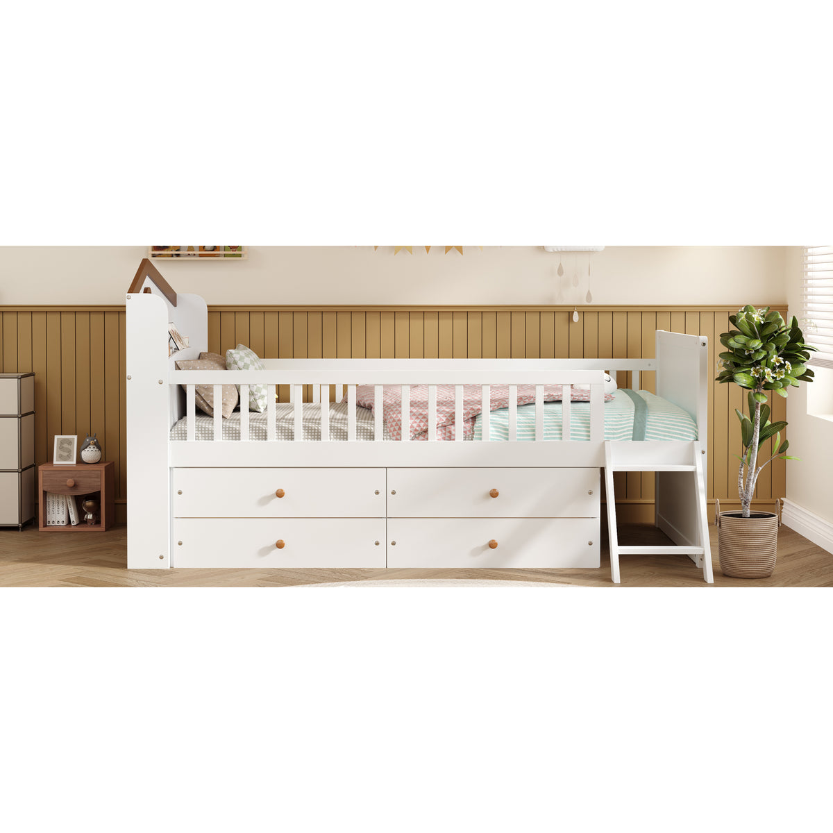 variant-group:rf-n733s278032k|Roomfitters Twin Platform Bed Frame with Four Drawers, Wooden Kids Bed with Guardrail Headboard and Ladder, White