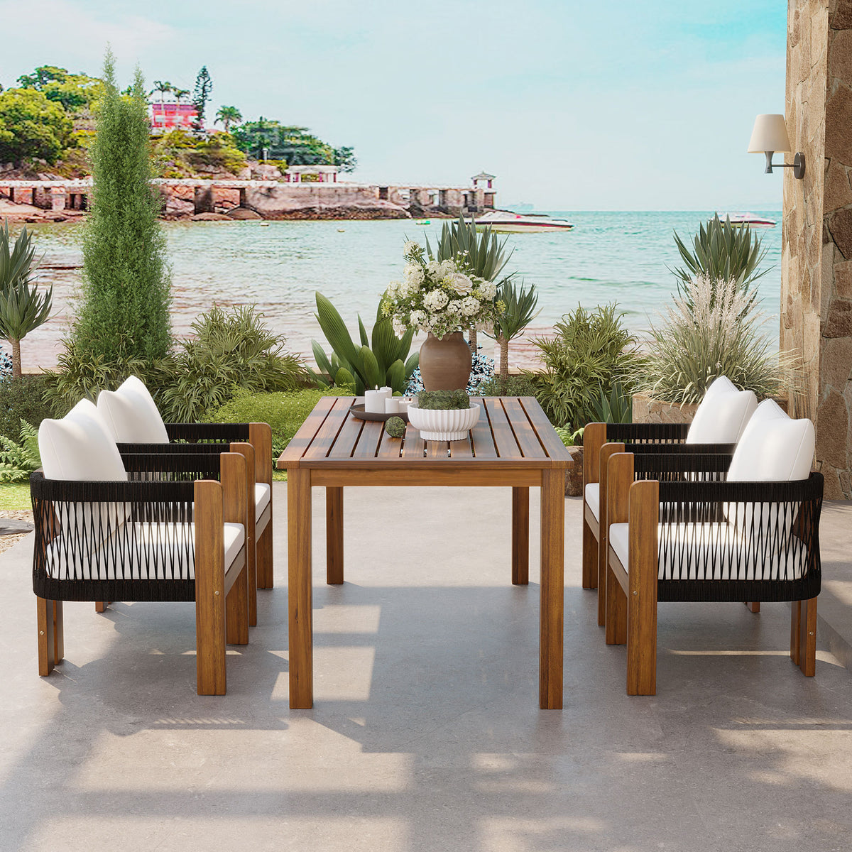 variant-group:rf-n711wy000496aab|Roomfitters 5-Piece Rope Woven Outdoor Dining Set, Farmhouse Solid Acacia Table, 4 Chairs Pack, Black and Brown