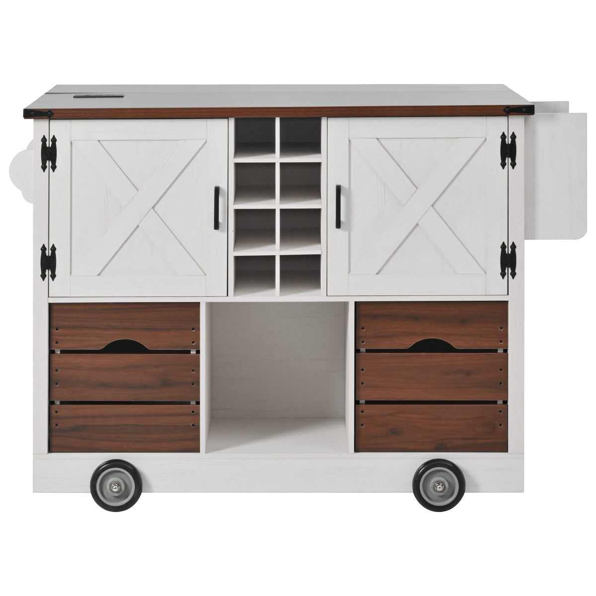 variant-group:rf-n707p349814w|Roomfitters 54" Farmhouse Kitchen Island with Drop Leaf, Power Outlet, Wine Rack, 2 Drawers, 2 Doors, White
