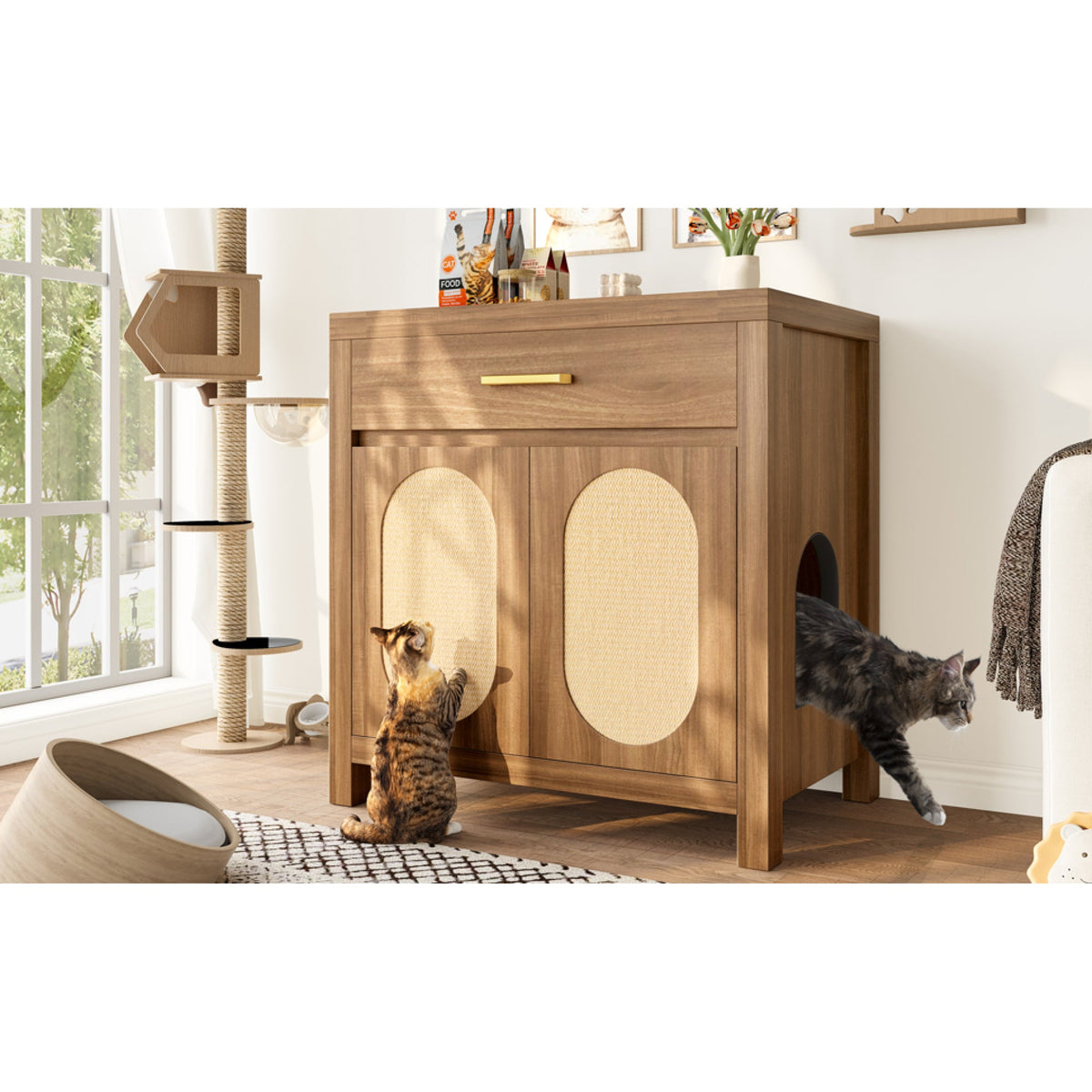 Roomfitters Espresso Cat Litter Box Enclosure End Table Nightstand with Sisal Scratching Pad Cabinet Doors Roomfitters