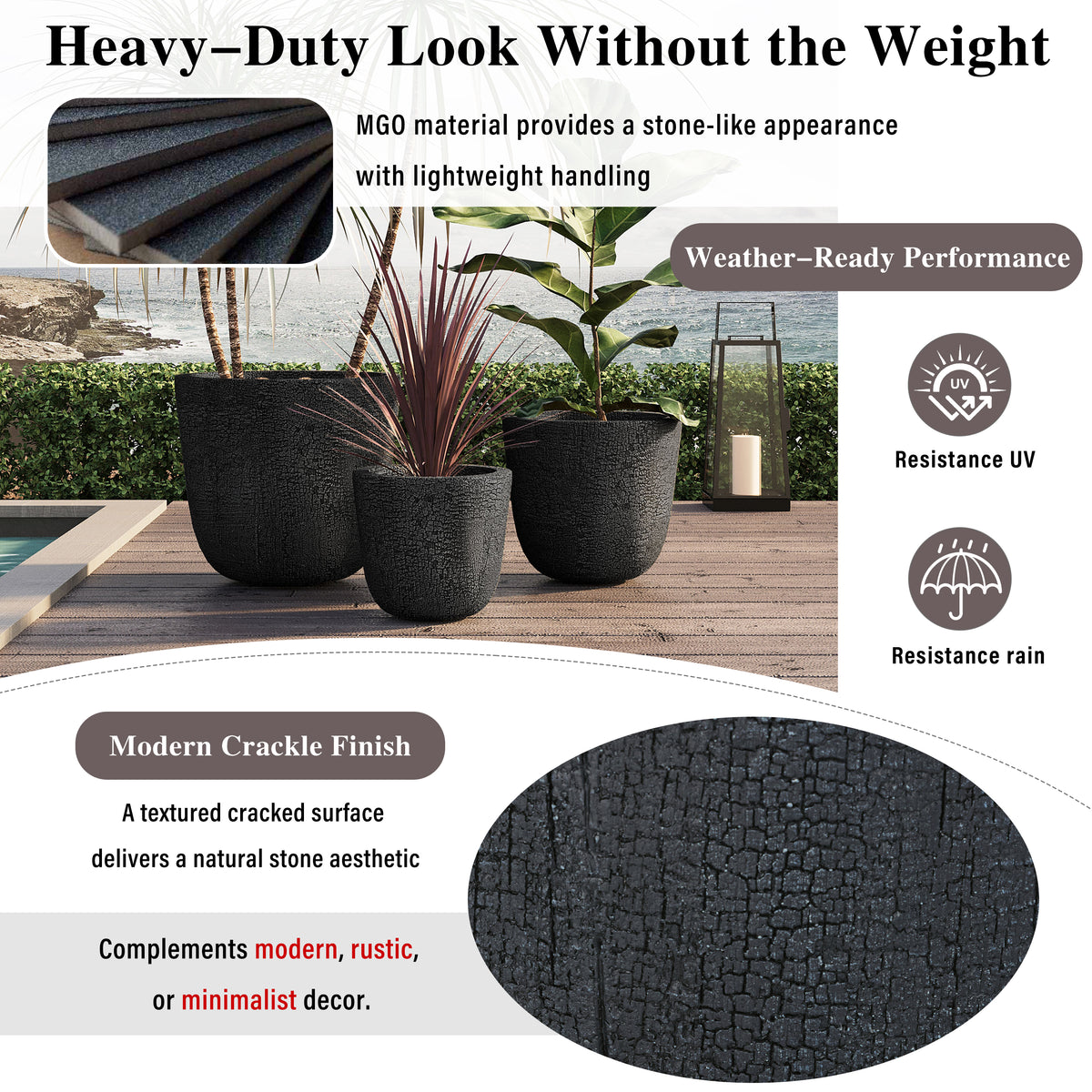 variant-group:rf-n711p406660b|Roomfitters Lightweight MGO Planter Set of 3, Round Weather Resistant Outdoor Indoor Flower Pots for Garden Patio, Black