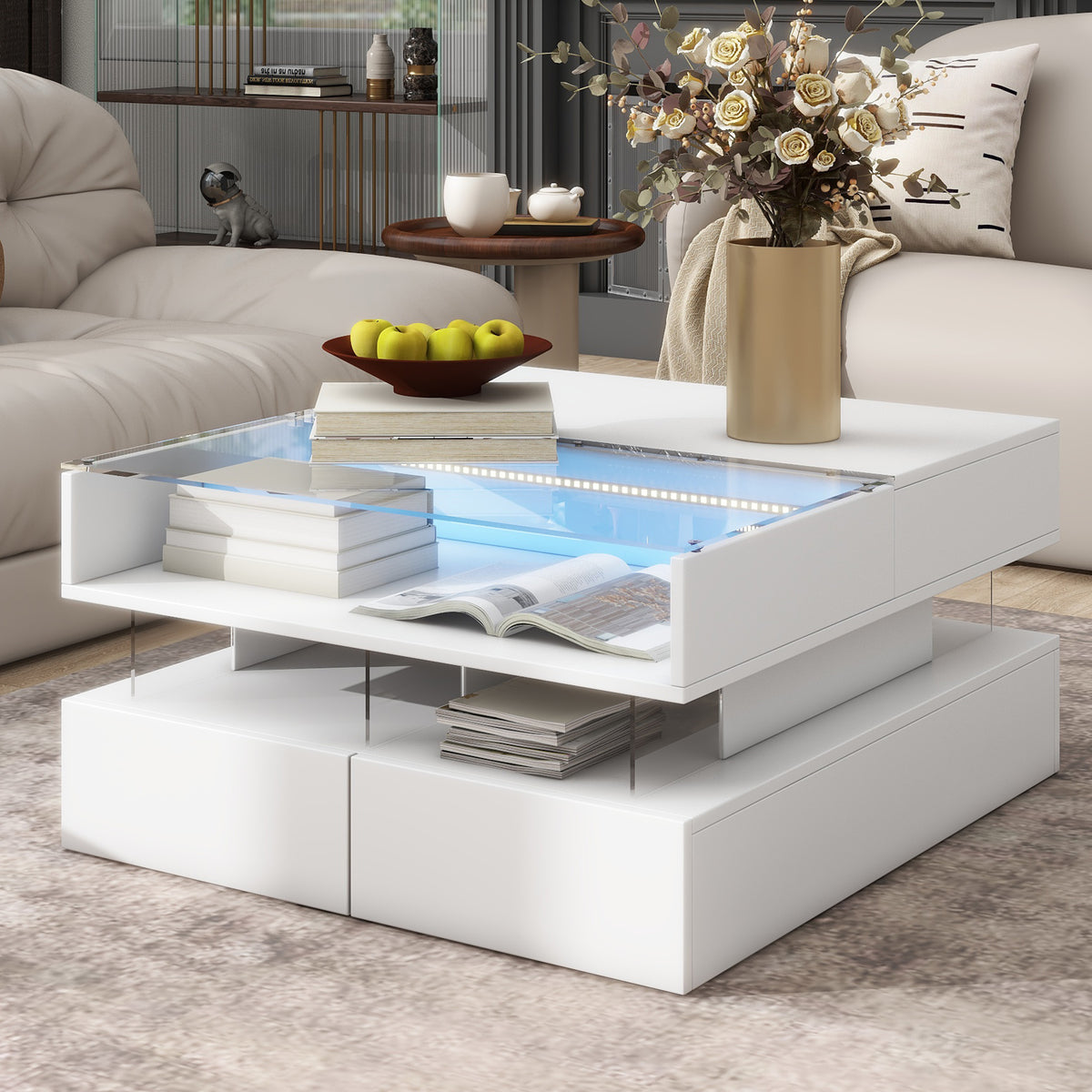 variant-group:rf-n724p290043k|Roomfitters Lift-Top Square Coffee Table with Glass Surface, Hidden Storage, High Gloss Finish, White