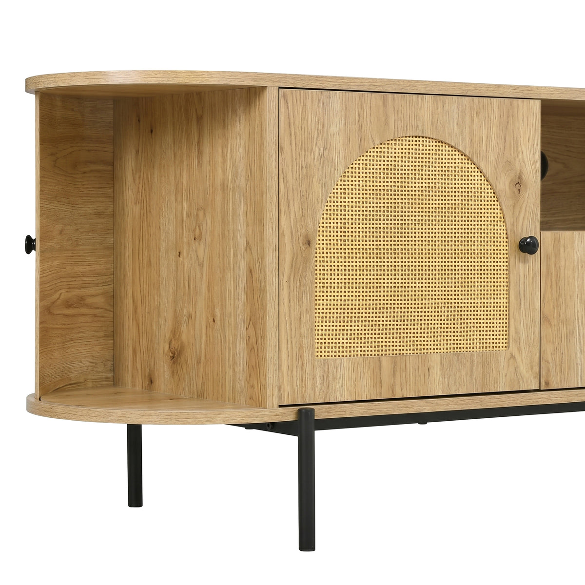 variant-group:rf-n724p437189d|Roomfitters American Style TV Stand with Rattan Arched Doors, Steel Legs, Burly Wood