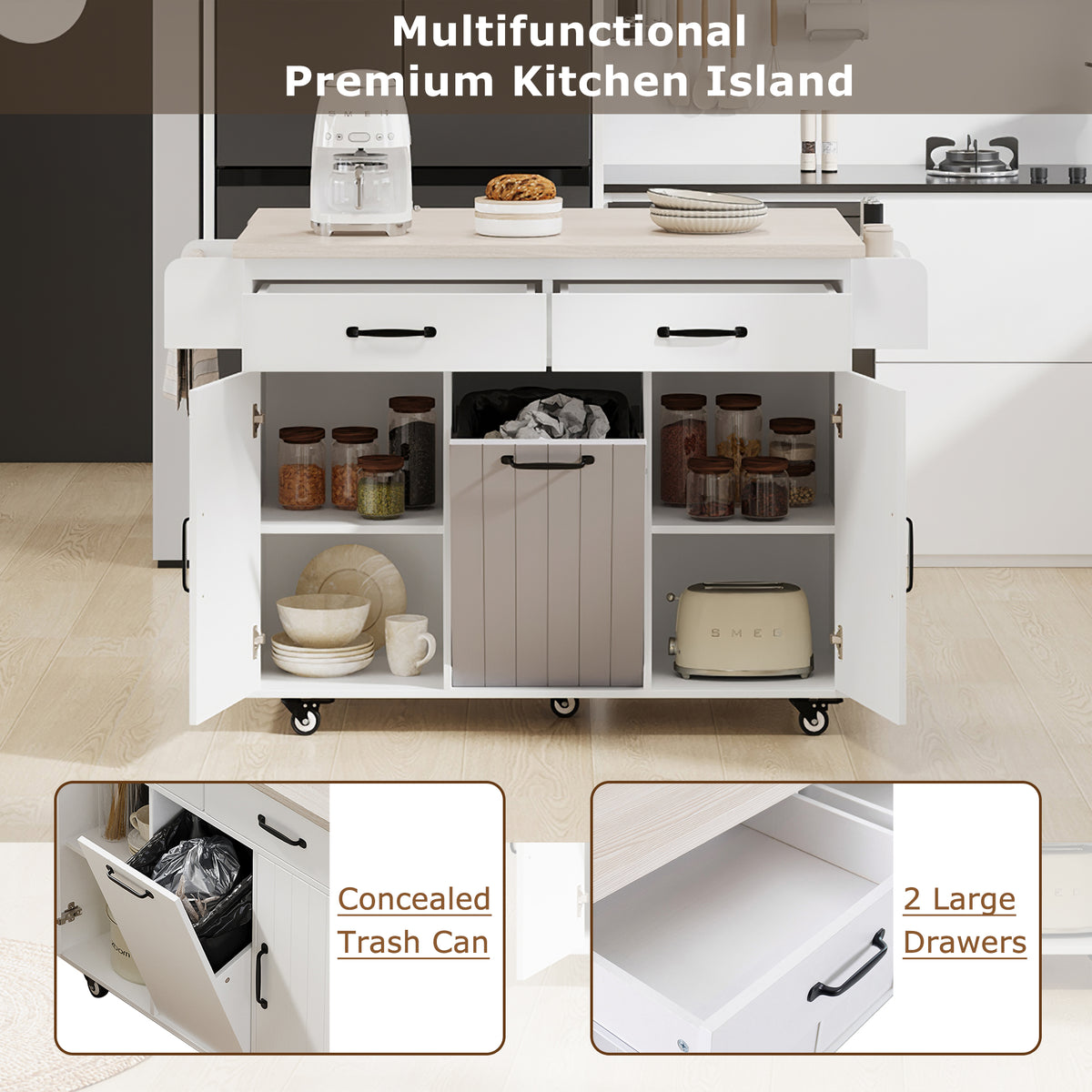 variant-group:rf-n707wf326381aaw|Roomfitters Kitchen Island with Trash Can Storage Cabinet, Grey - Drop Leaf, Spice Rack, Towel Rack, Drawer, Adjustable Shelf, Rolling Island on Wheels, Ameican White Oak
