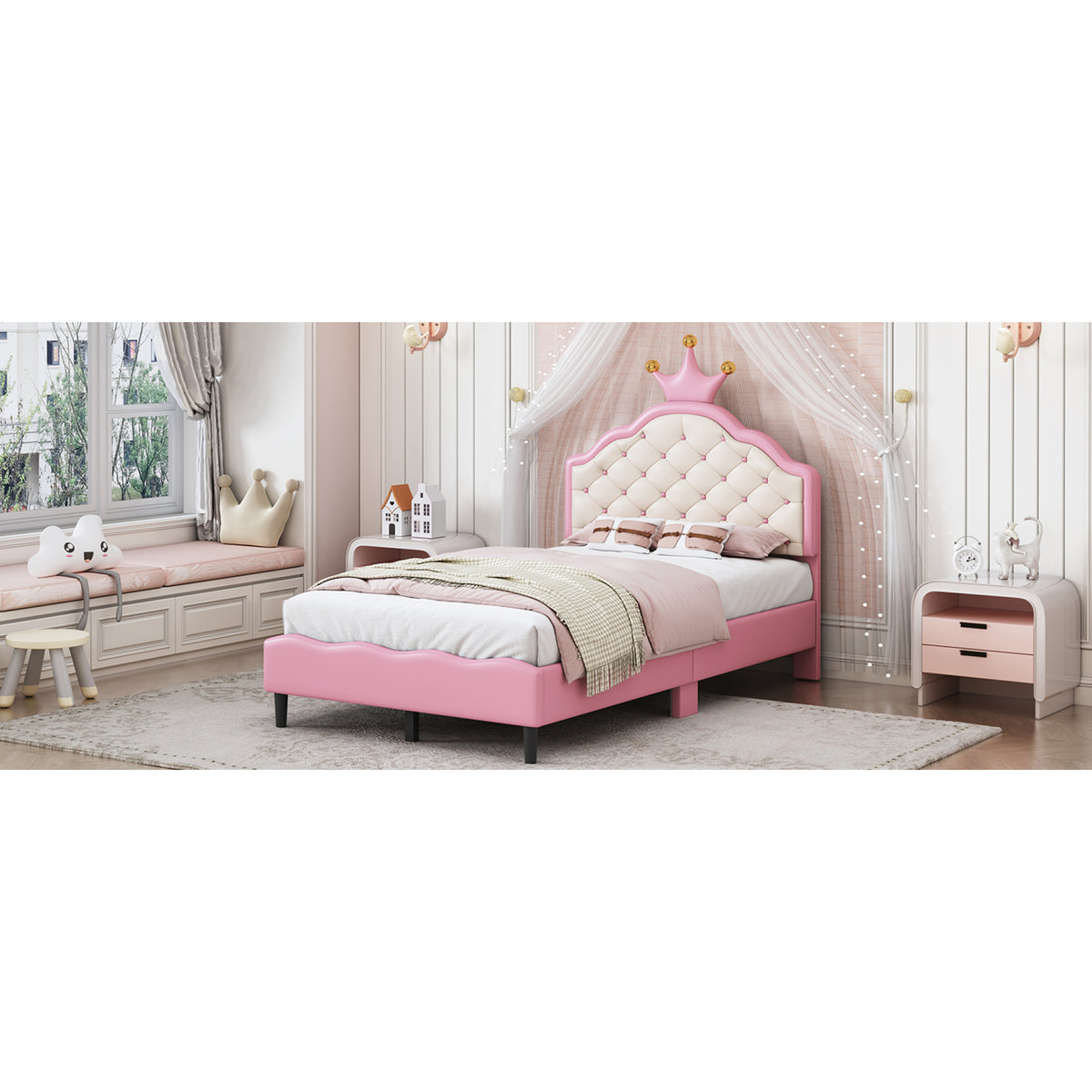 variant-group:rf-n733p198760h|Roomfitters Twin Size Upholstered Princess Bed with Crown Design, Elegant PU Leather Platform Bed with Tufted Headboard for a Stylish Bedroom, Pink + Cream