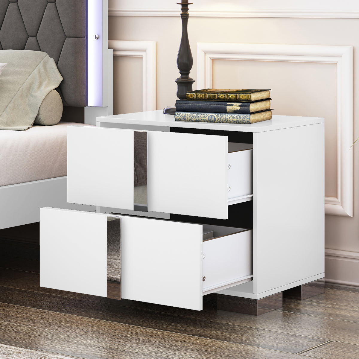 variant-group:rf-n733p307938w|Roomfitters Elegant Mirrored Nightstand with 2 Drawers and Metal Handle, Bedside Table for Bedroom or Living Room, White