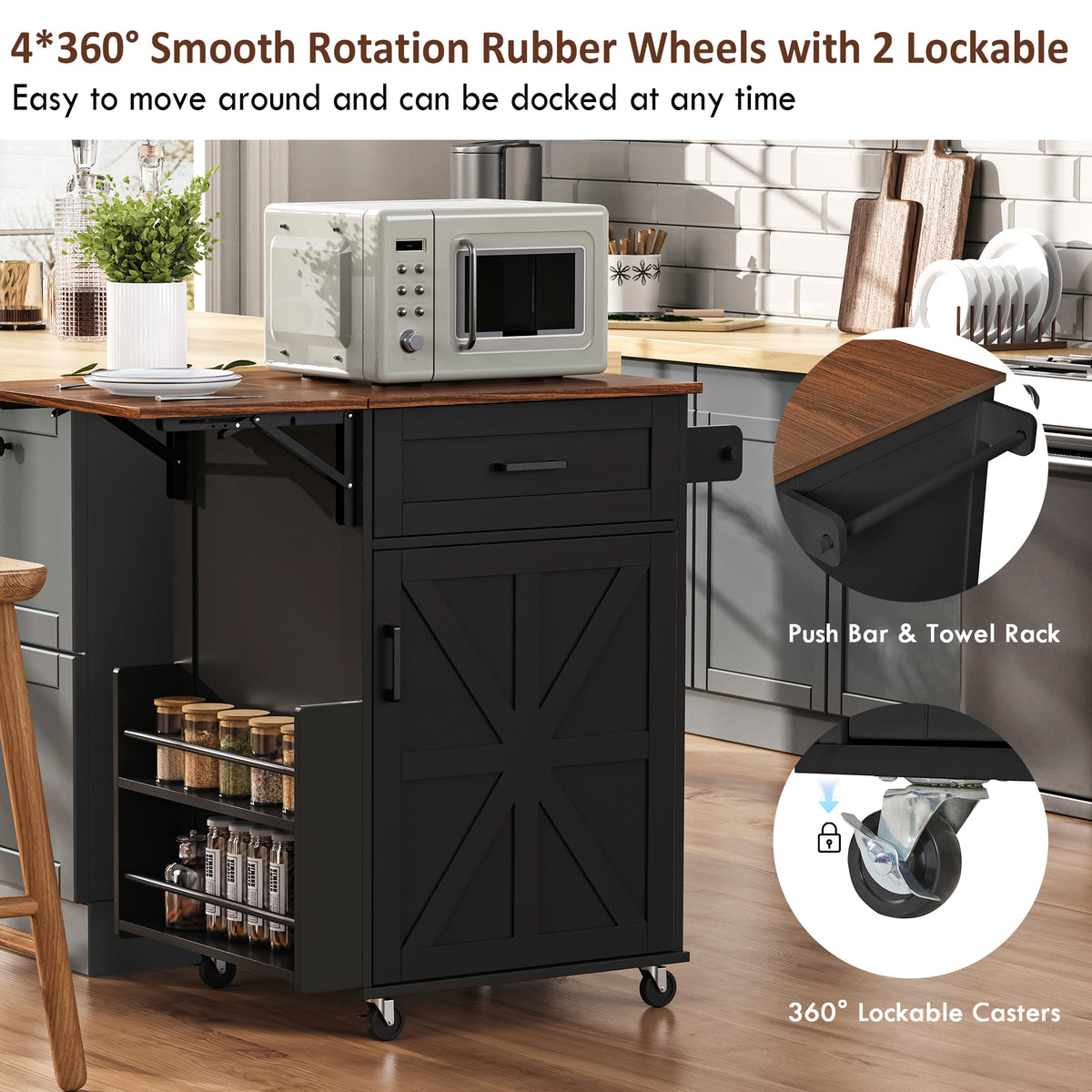 variant-group:rf-n707p404539b|Roomfitters 39.3" Kitchen Island with Drop Leaf, Rolling Kitchen Cart with Storage Drawer and Spice Rack, Modern Style, Black
