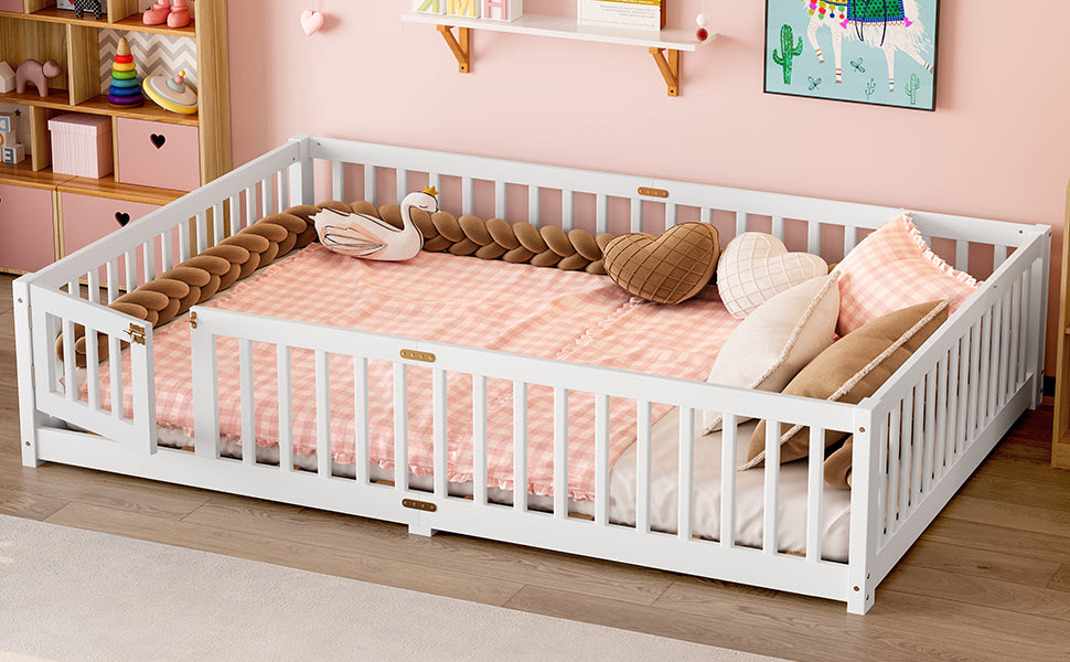 variant-group:rf-w1580p338953|Roomfitters Wooden Queen Floor Bed Frame with Door & Safety Guardrails, Low Platform Design for Bedroom or Playroom, White