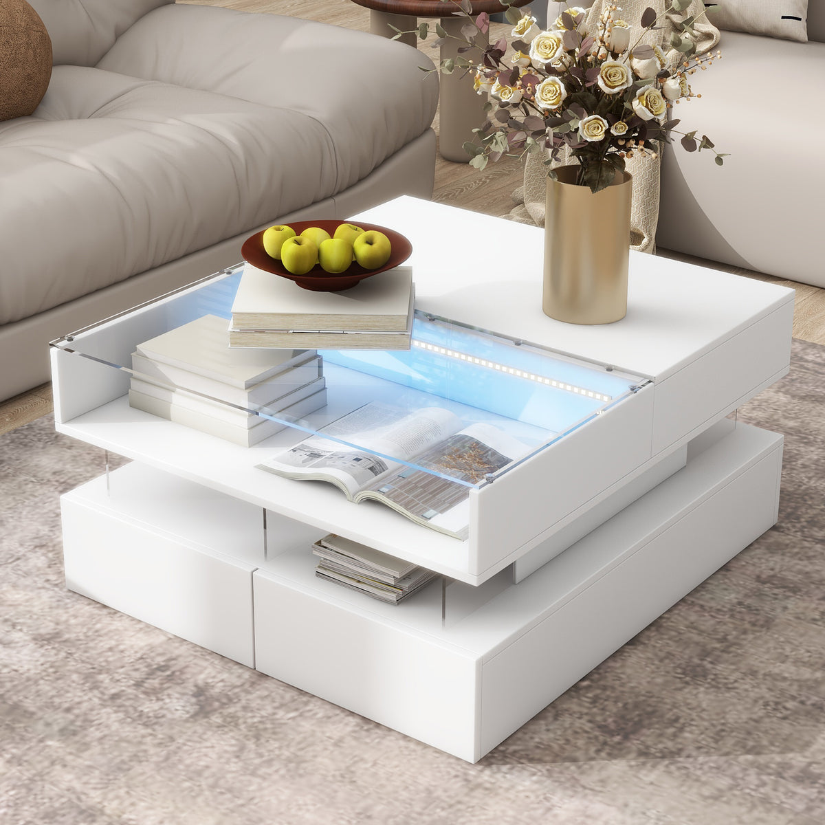 variant-group:rf-n724p290043k|Roomfitters Lift-Top Square Coffee Table with Glass Surface, Hidden Storage, High Gloss Finish, White