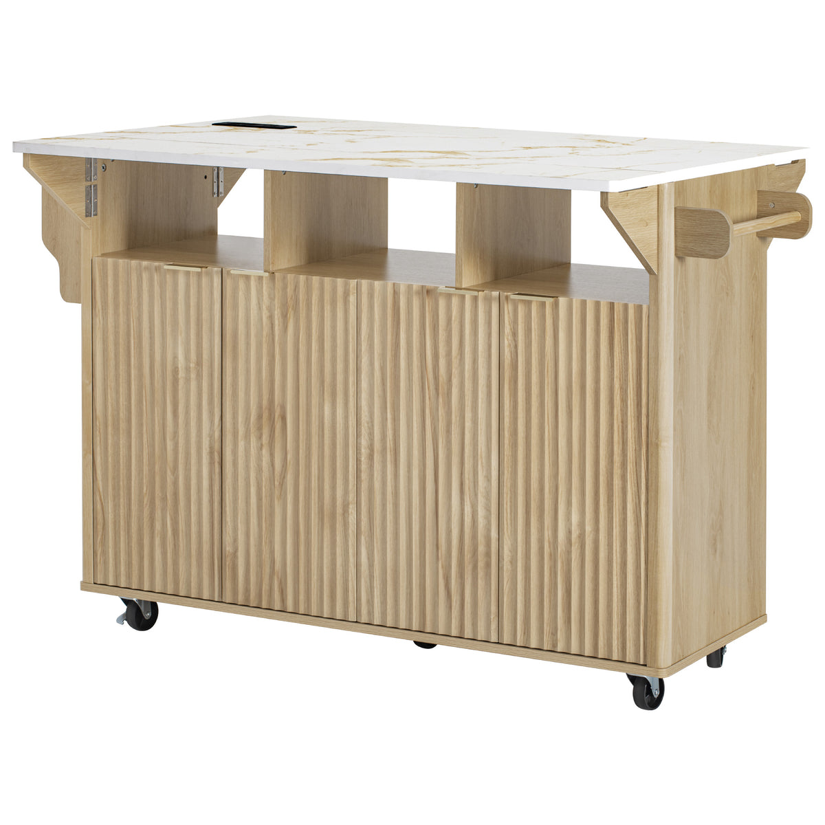 variant-group:rf-n707p353934y|Roomfitters 55.5" Fluted Kitchen Island with Double Drop Leaf, Natural Storage Cart with Power Outlet & Faux Marble Top
