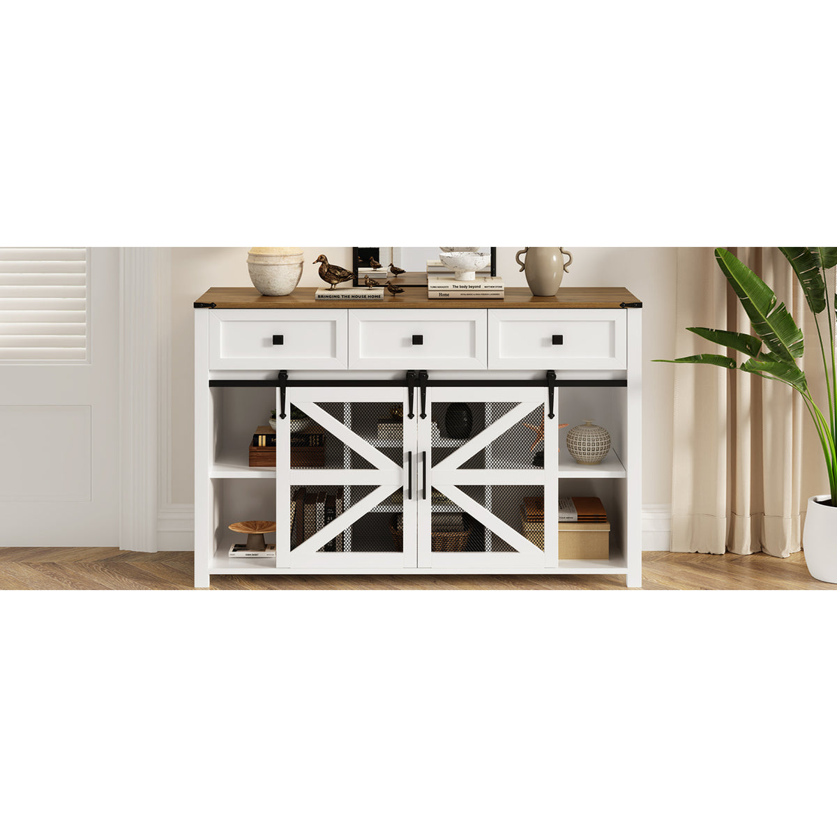variant-group:rf-n711p347384k|Roomfitters 55" Sideboard Buffet Cabinet with 3 Drawers and Sliding Barn Doors, Farmhouse Storage for Kitchen & Dining, White